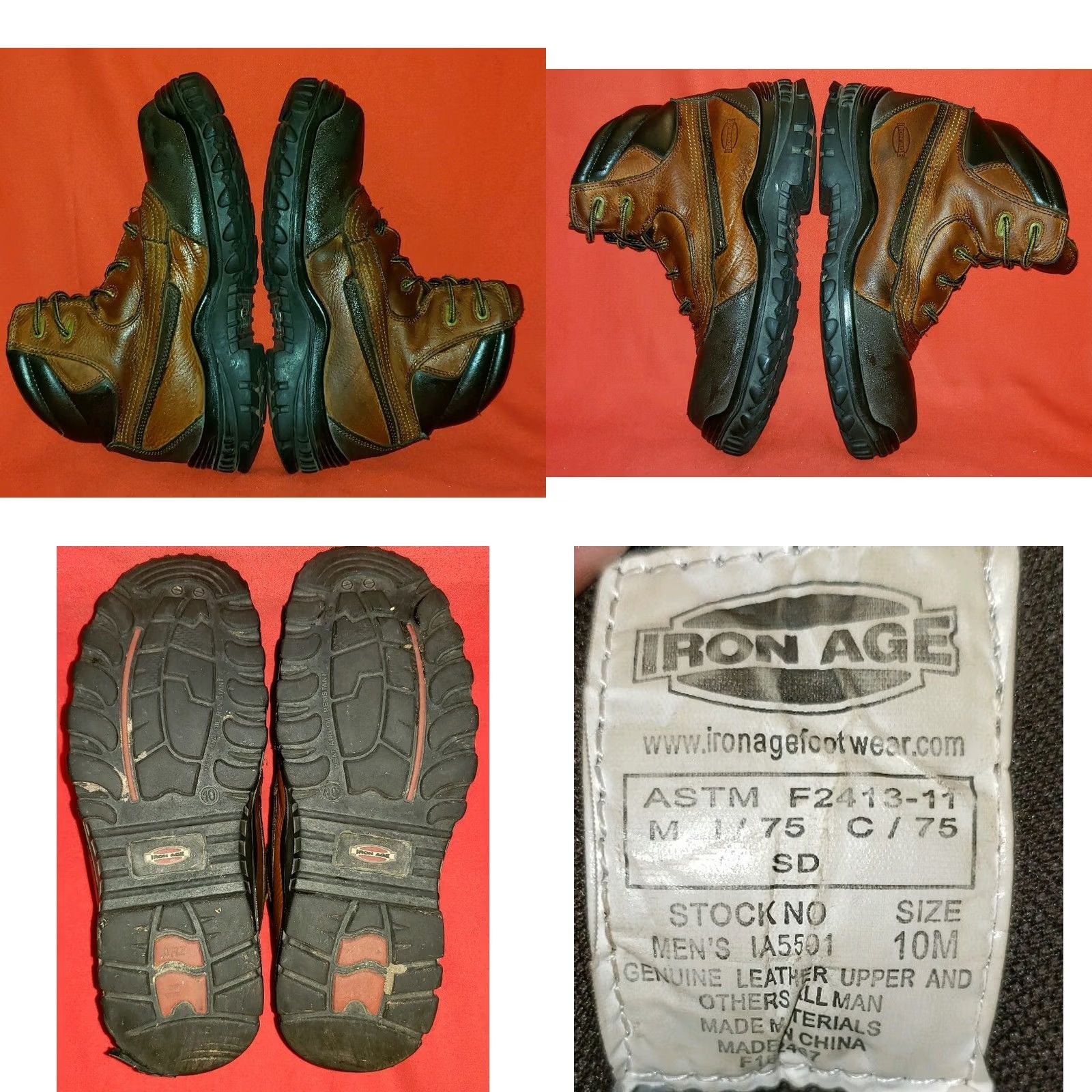 Vintage Iron Age Men's Steel Toe Work Boots 10M Brown Leather Padded Collar Tough Toe Shoes Heel Boot Size US 10 / EU 43 - 8 Thumbnail