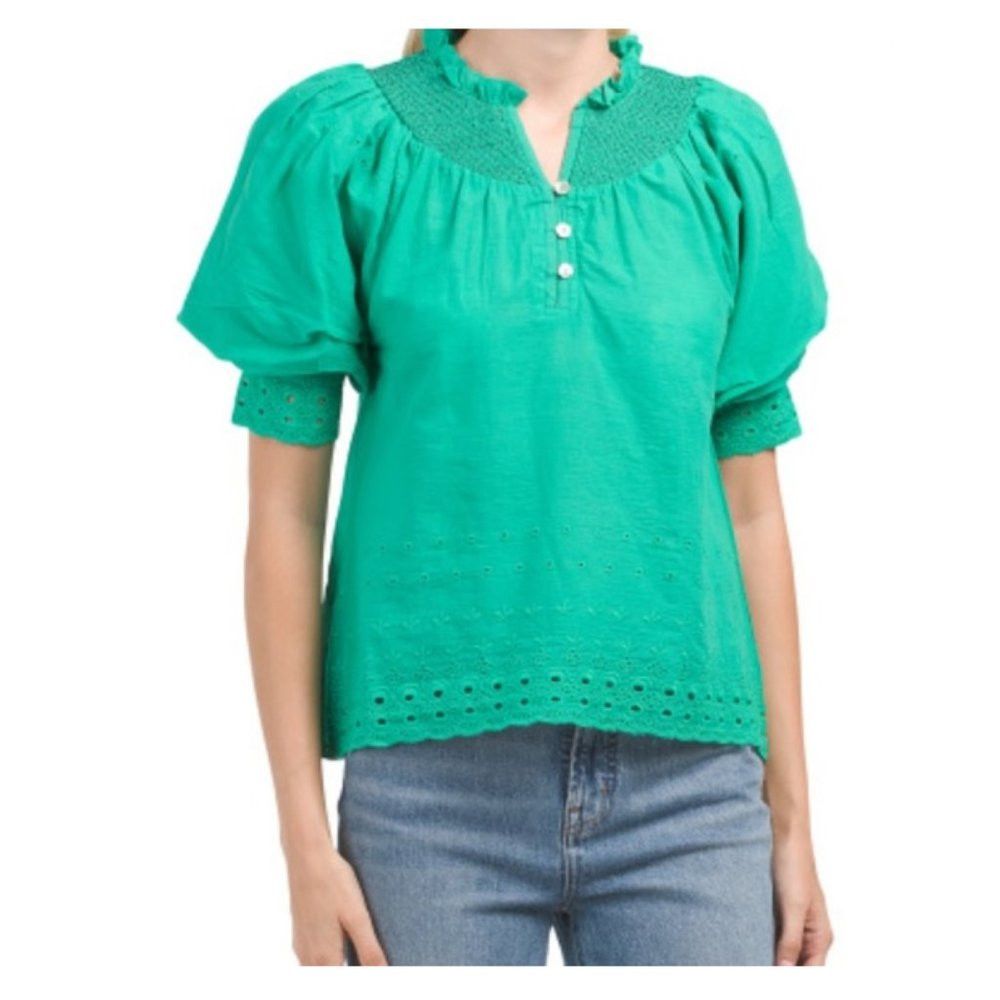 House of Harlow NWT New House of Harlow Emerald Green Eyelet Smocked Cotton Size L / US 10 / IT 46 - 1 Thumbnail