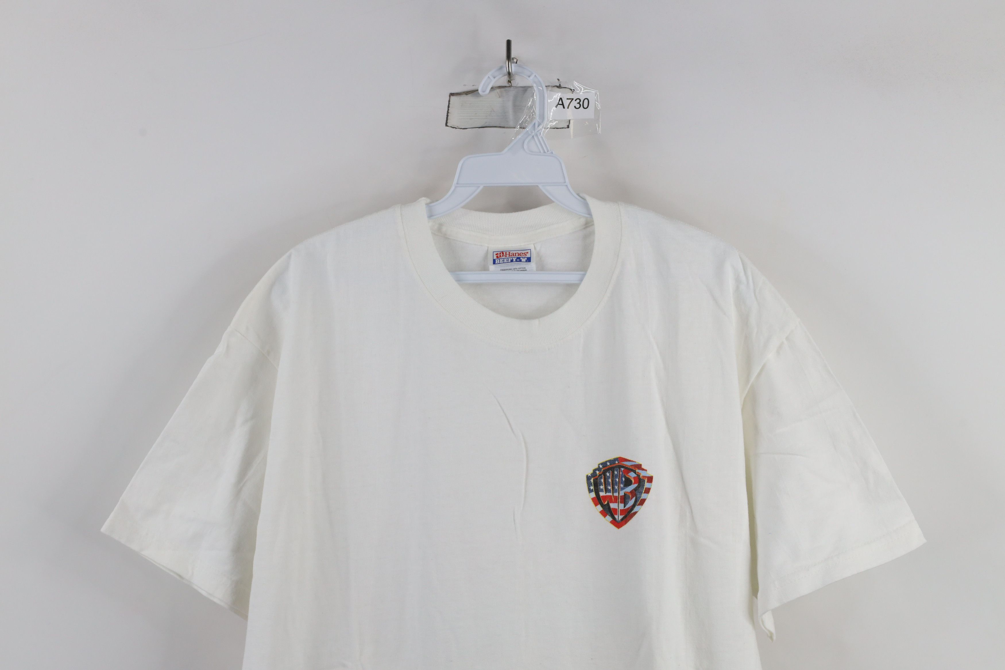 Vintage Vintage 90s Warner Brothers Flag Shield Logo T-Shirt White Size US XL / EU 56 / 4 - 2 Thumbnail