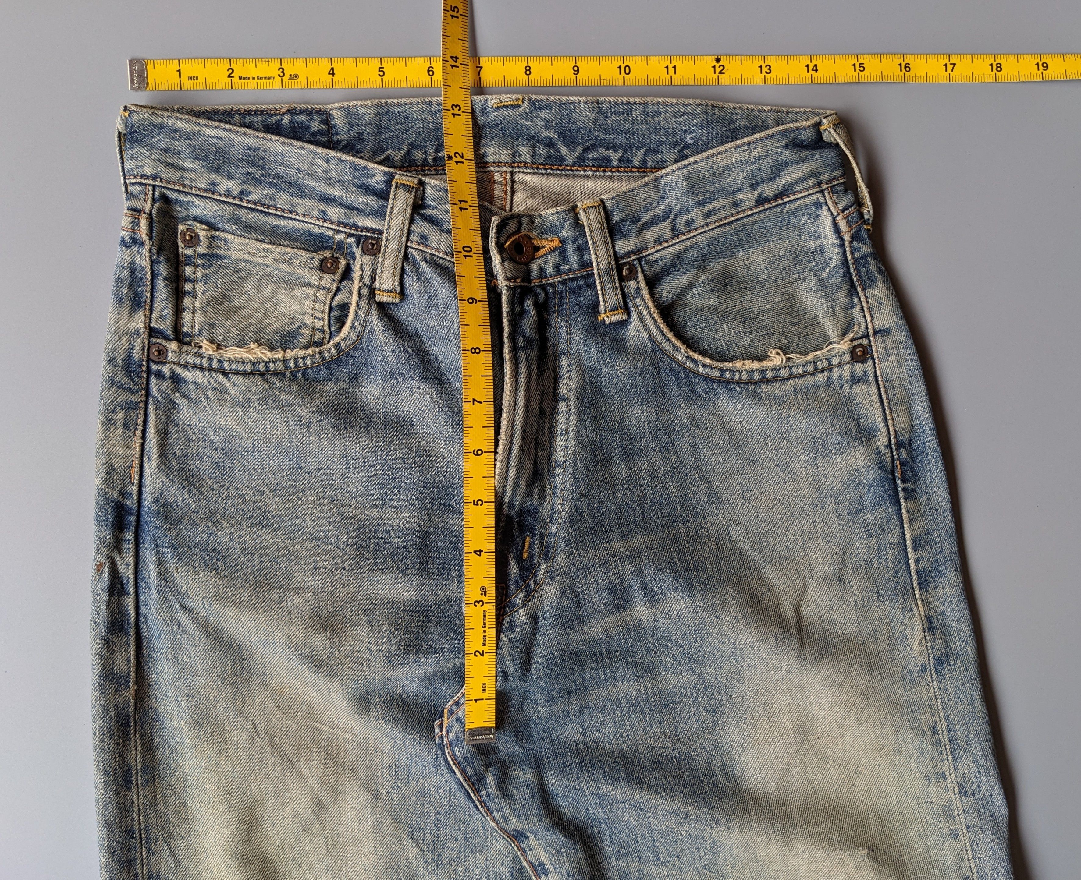 Edwin 505x faded blue distressed selvedge jeans