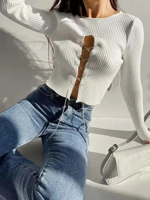 Japanese Brand Chain Bandage Knit T-Shirt for Women Chic Casual Size ONE SIZE - 4 Thumbnail