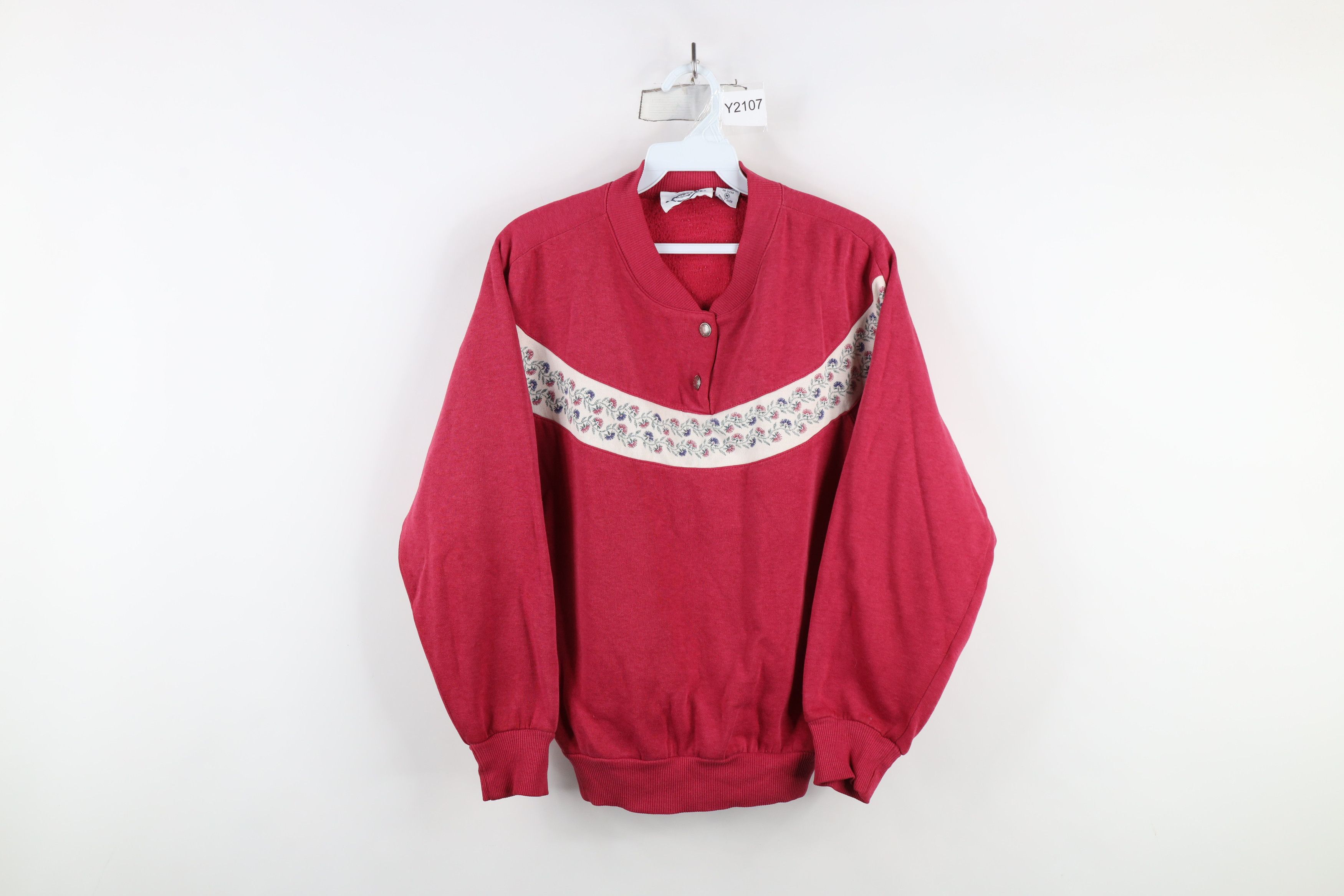 Vintage Vintage 90s Streetwear Flower Floral Henley Sweatshirt Red Size M / US 6-8 / IT 42-44 - 1 Thumbnail