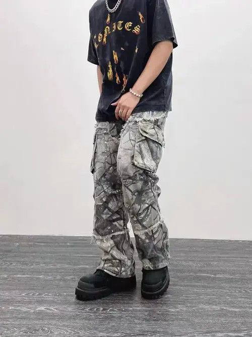 Japanese Brand Retro camouflage irregular raw edge work jeans Size US 32 / EU 48 - 4 Thumbnail