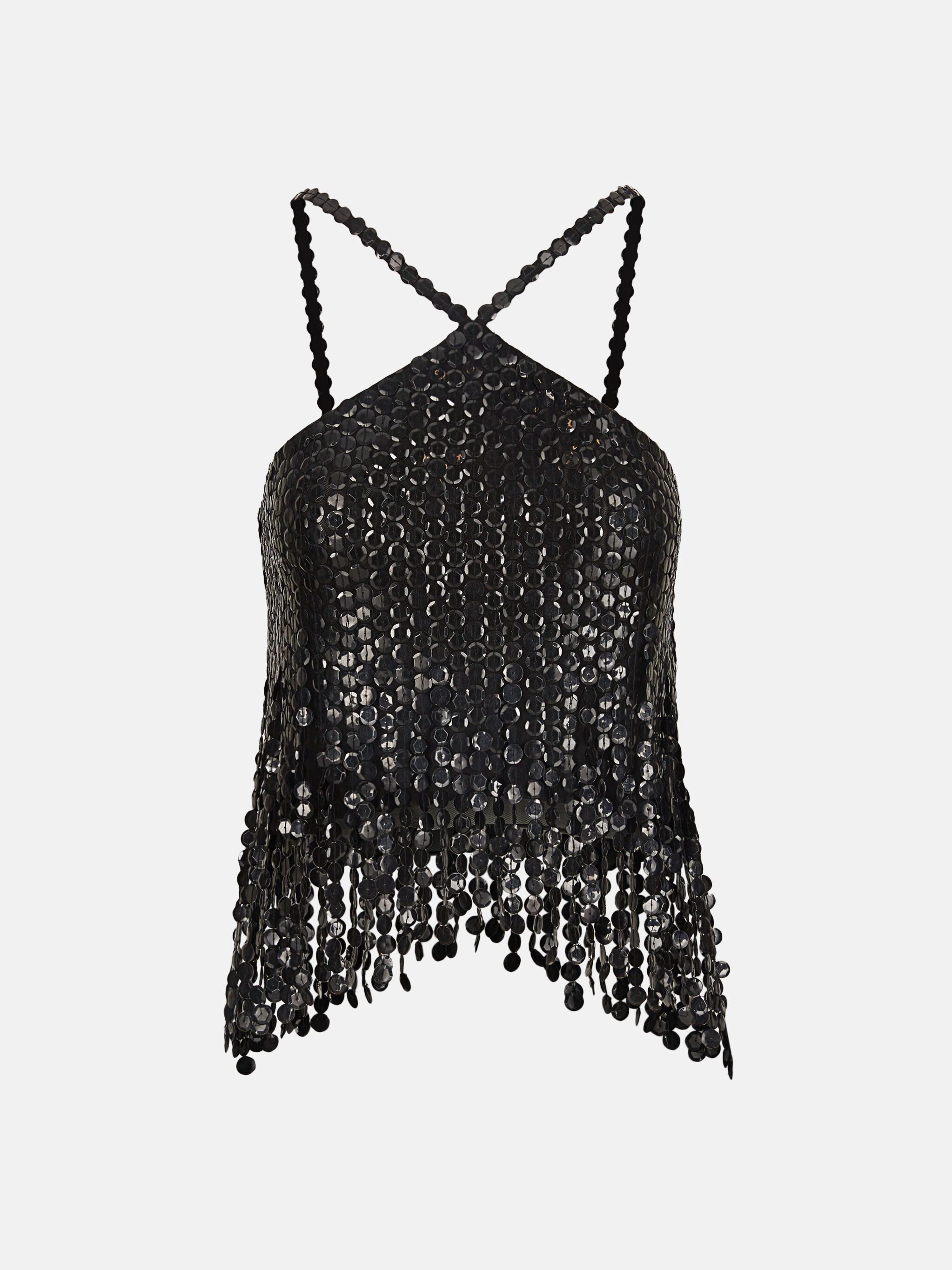 o1mle0525 Sequin Halter Tank Top in Black