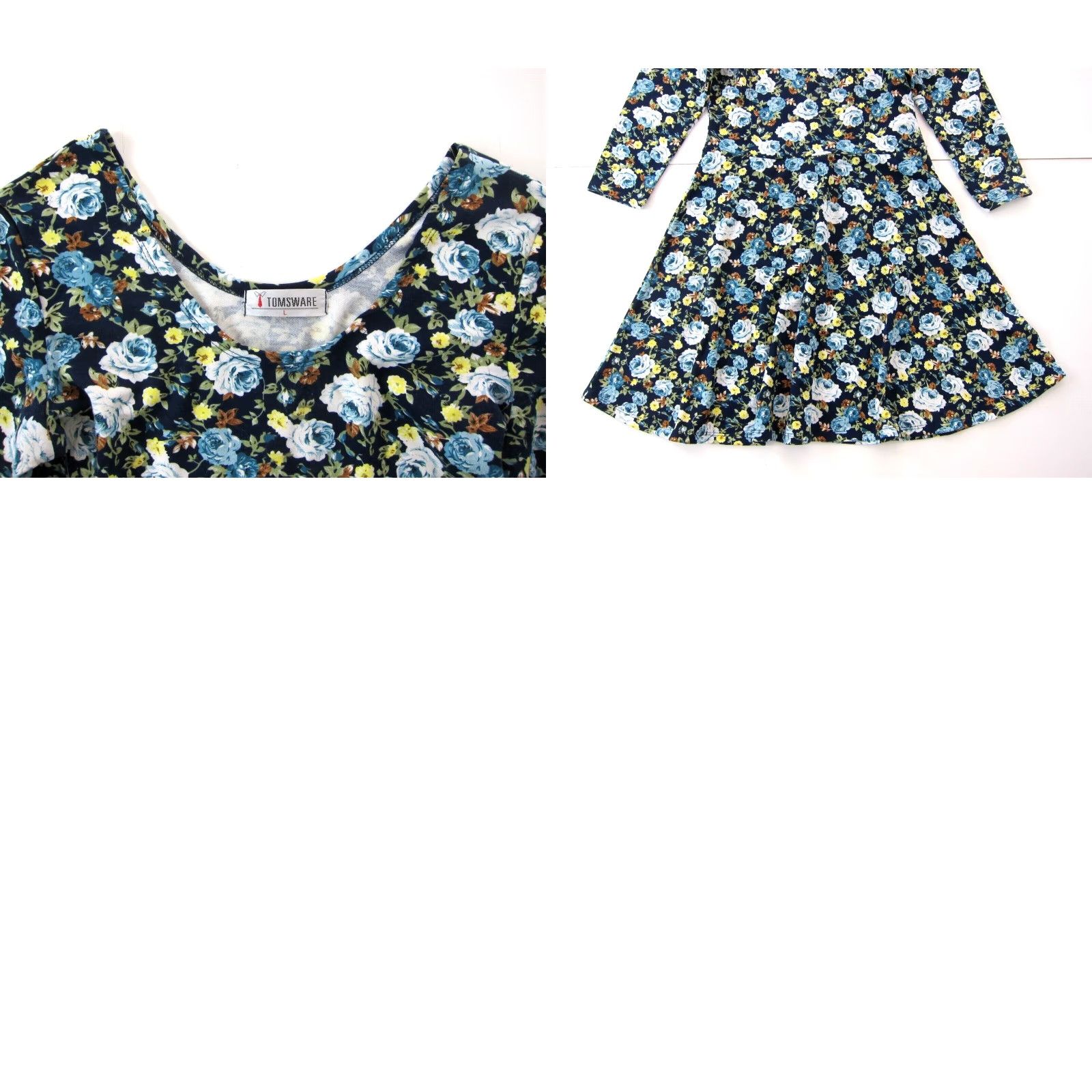Vintage Tomsware Jersey Stretch Blue Yellow Floral 3/4 Sleeve Empire Waist Dress Large Size L / US 10 / IT 46 - 8 Thumbnail