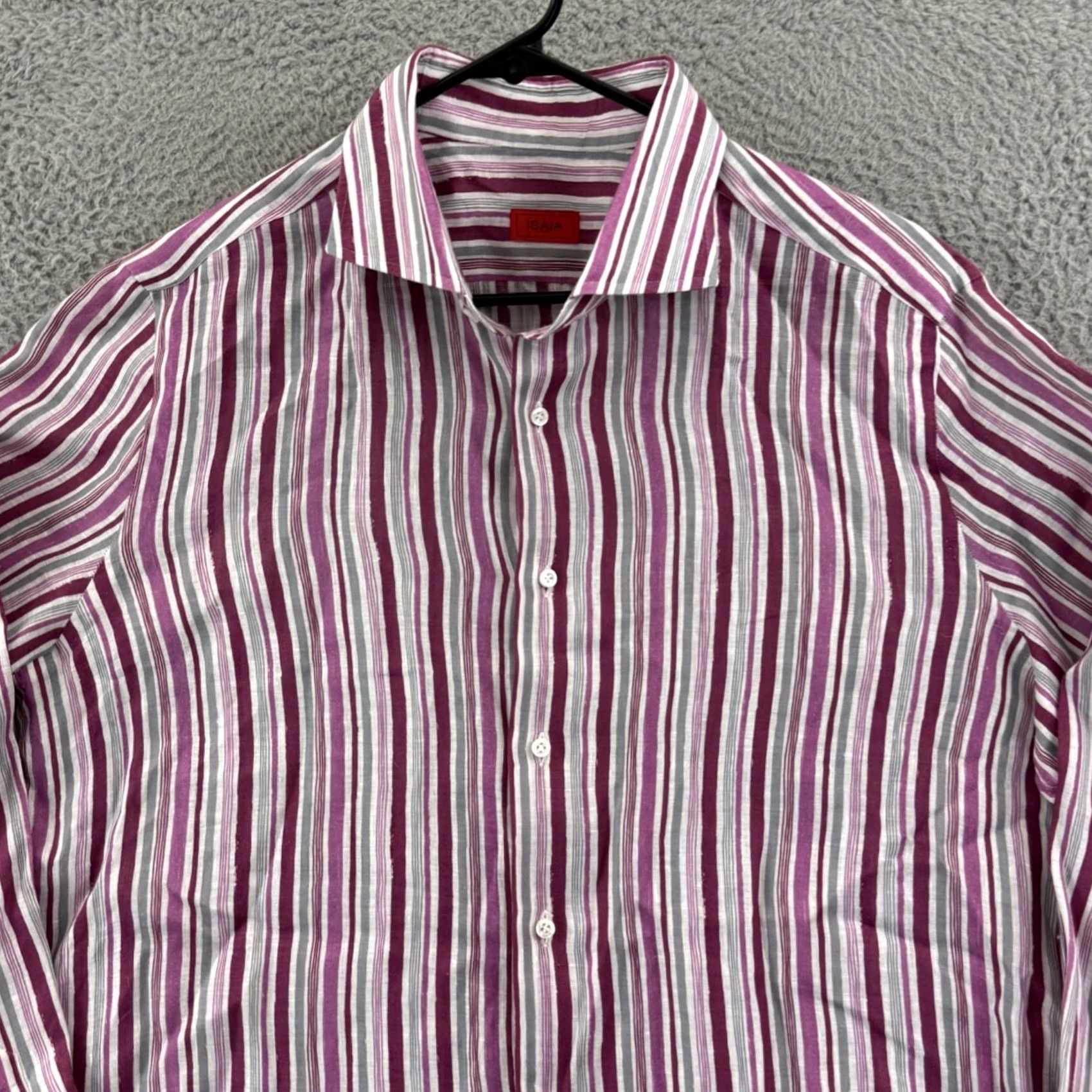 Isaia Isaia Shirt Mens 17.5 Pink Striped Linen Long Sleeve Collared Dress Button Preppy Size 48R - 3 Thumbnail
