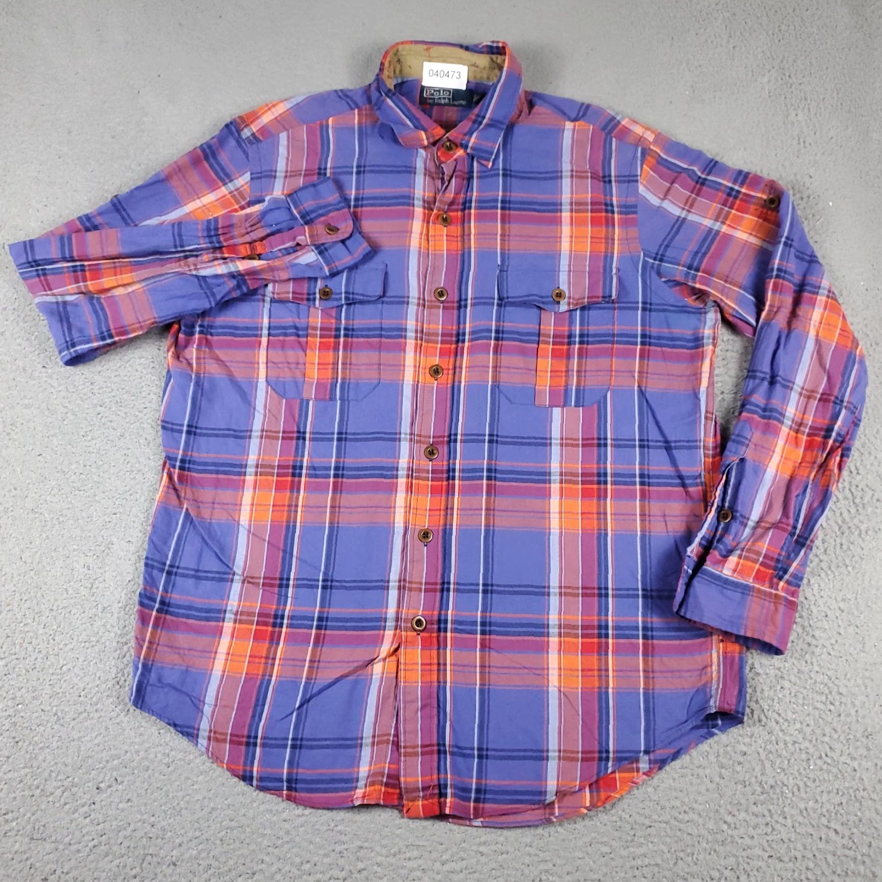 Ralph Lauren VINTAGE Ralph Lauren Shirt Mens Large Orange Blue Plaid 2 Pocket Button Up Long Sleeve - Blue, Cotton, Regular Fit, 2 Pocket, Button-Down Collar Mens Size US L / EU 52-54 / 3 - 2 Thumbnail