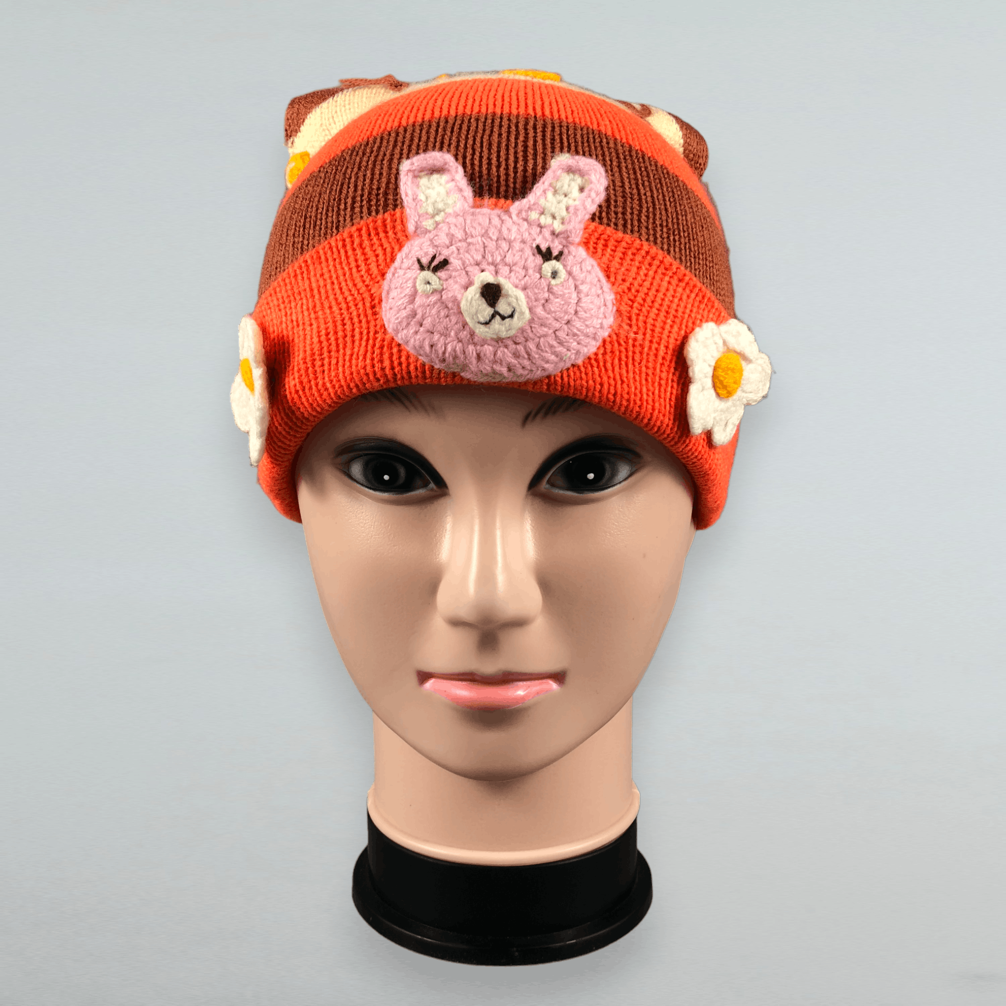 Japanese Brand Crochet Stripe Bear Beanie Hat Size ONE SIZE - 1 Thumbnail