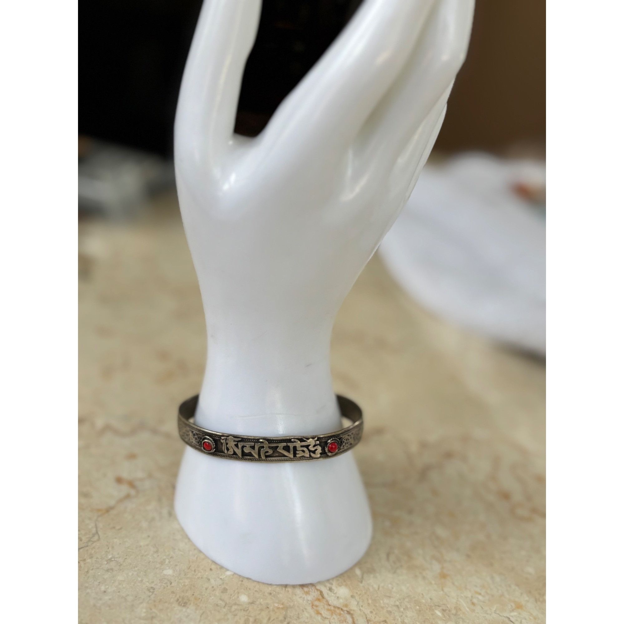 Vintage Tibetan-Inspired Silver Cuff Bracelet With Red Gemstones & E Size ONE SIZE - 6 Thumbnail