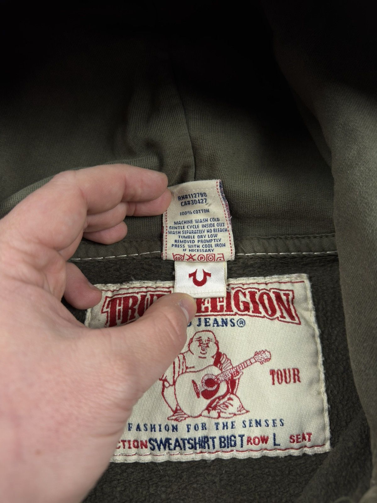 True Religion Vintage True Religion Zip Hoodie Big-T Khaki Washed Destroye Size US L / EU 52-54 / 3 - 19 Thumbnail