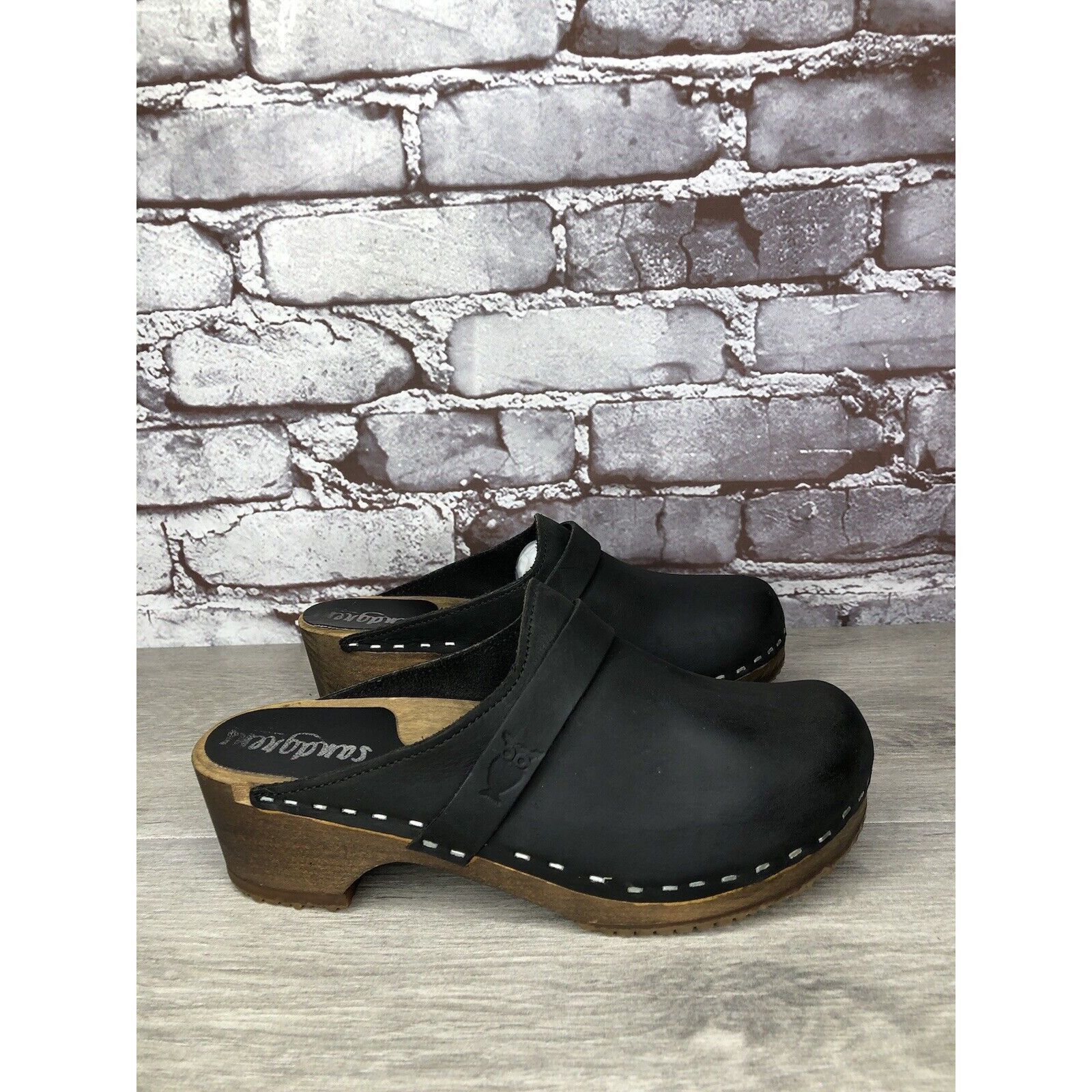 Other Sandgrens Handmade Swedish Black Nubuck Leather Wood Clogs W Size US 6 / IT 36 - 17 Thumbnail