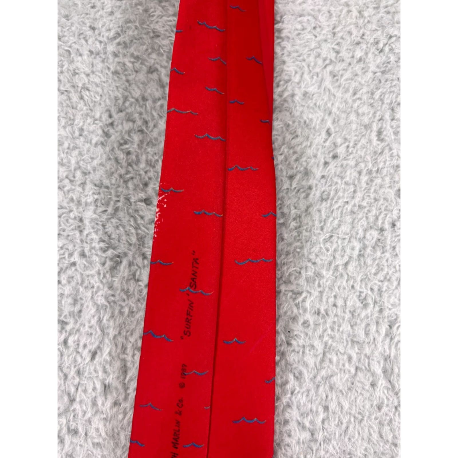 Vintage VINTAGE Ralph Marlin Mens Tie Short Red Snow Man "Surfin Santa" Christmas 1989 Classic Pattern Holiday Man Size ONE SIZE - 7 Thumbnail