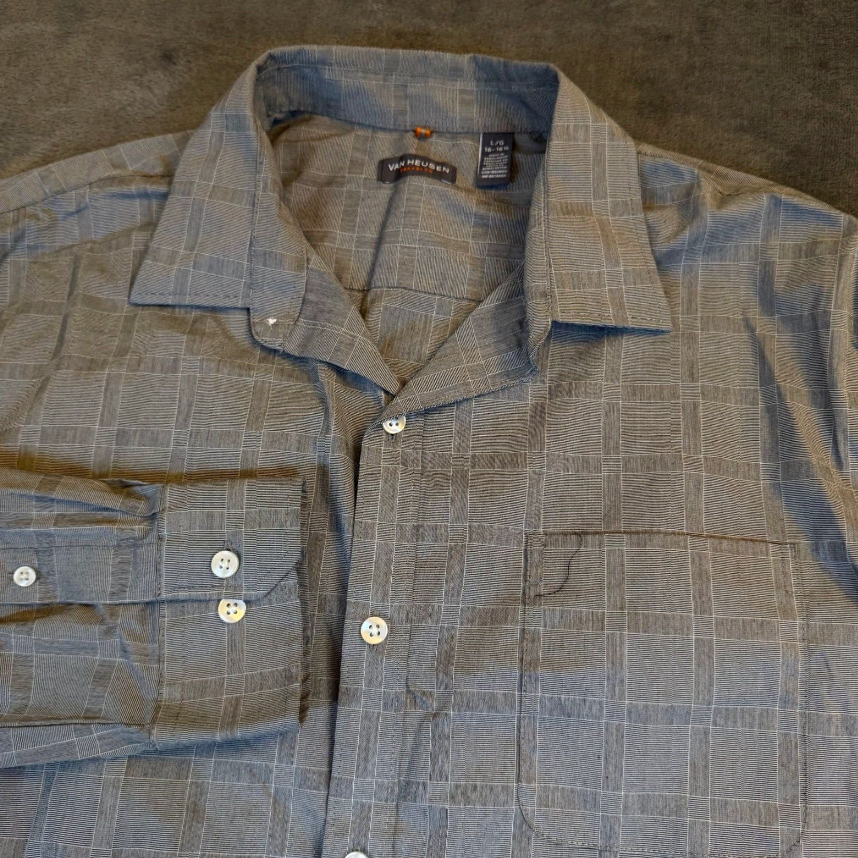 Van Heusen Van Heusen Traveler Mens Large Grey Grid Button Up Shirt Long Sleeve Stretch Size US L / EU 52-54 / 3 - 2 Thumbnail
