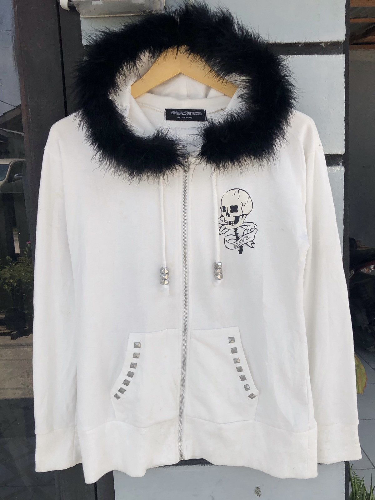 トップス GLAD NEWS Skull Fur Zip Hoodie Rare Glad News Skelton Hoodie Big Logo Small Size Japanese