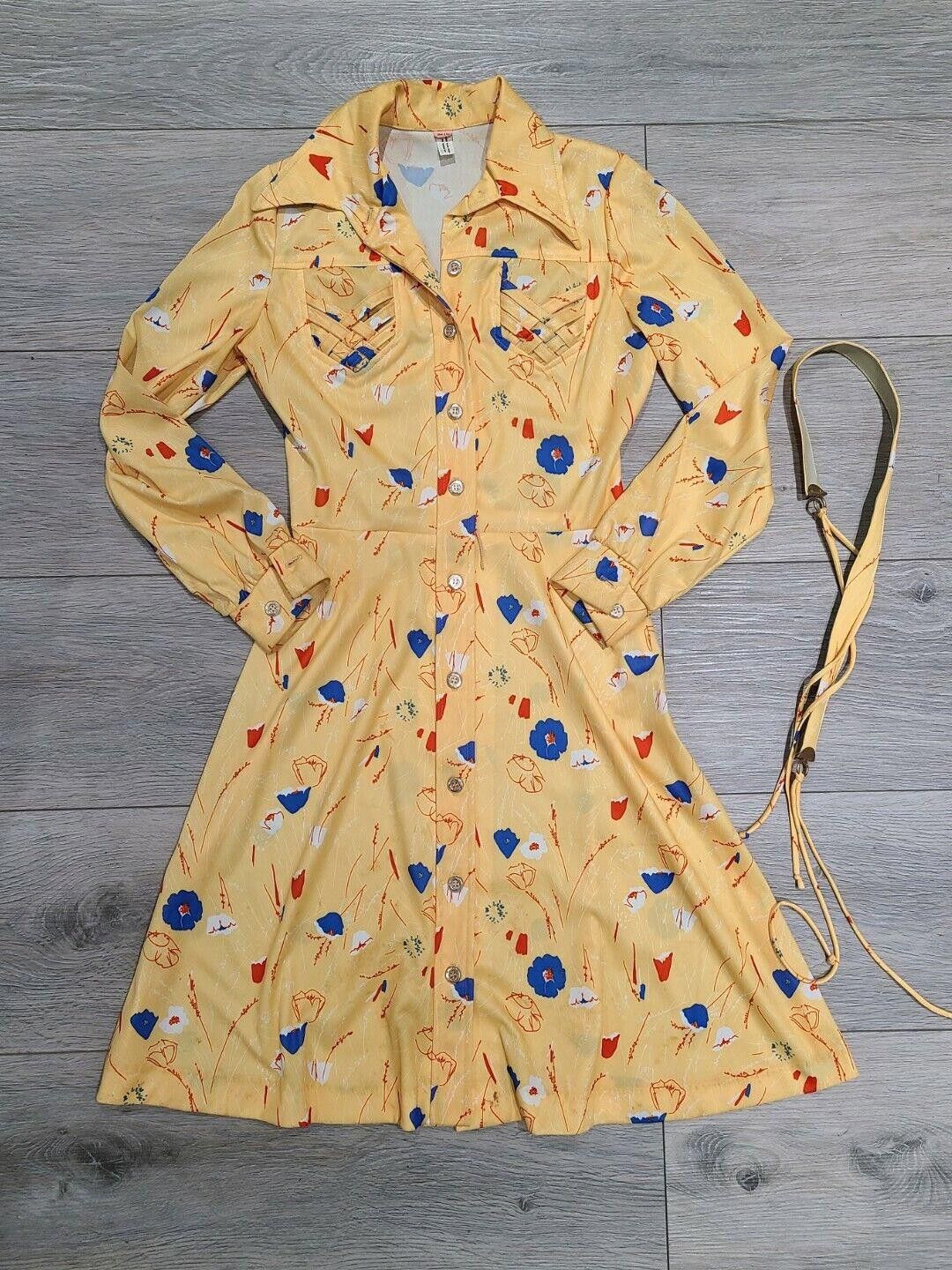 Designer Vintage Dress 1960s Printed Button Down Yellow Belted Size L / US 10 / IT 46 - 1 Thumbnail
