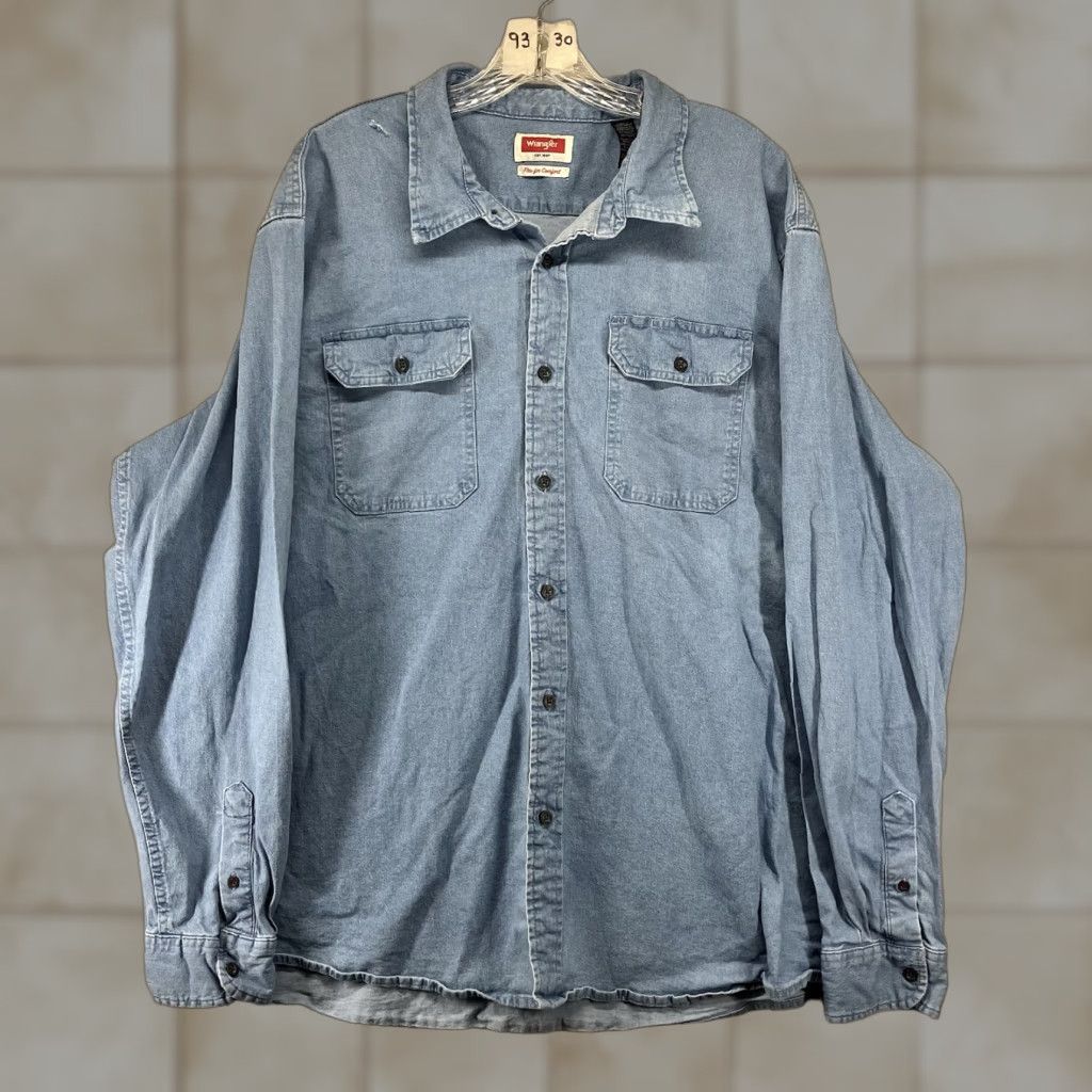 Wrangler Wrangler Denim Shirt 2XL Long Sleeve Pockets Blue Chambray Mens Casual Workwear Western Cowboy Outdoor Music Grunge Size US XXL / EU 58 / 5 - 1 Thumbnail