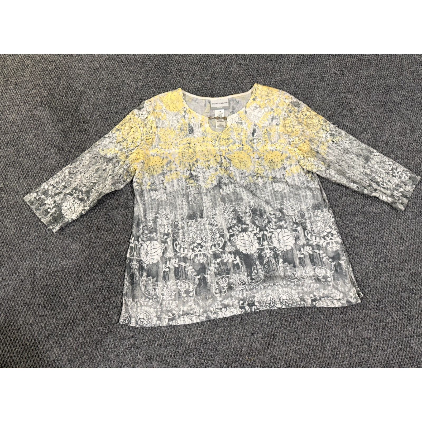 Vintage Alfred Dunner Blouse Womens Petite Medium Gray Yellow Floral Long Sleeve Stretch Shirt Size M / US 6-8 / IT 42-44 - 2 Thumbnail