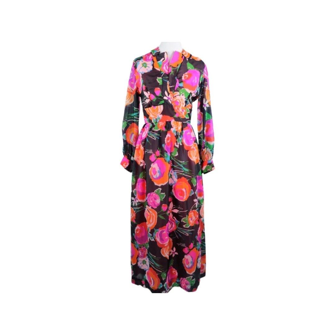 Vintage Vintage 1970s Chiffon Dark Floral Print Maxi Dress Medium Size M / US 6-8 / IT 42-44 - 5 Thumbnail