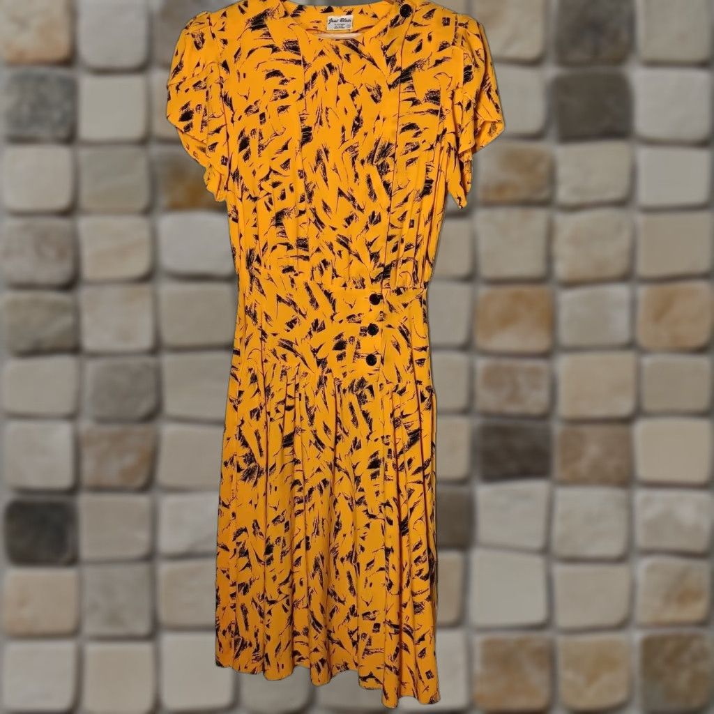 Blair VINTAGE 1980s Dress Joni Blair Women Size 7 Midi Drop Waist Abstract Gold Black Artsy Retro Size M / US 6-8 / IT 42-44 - 1 Thumbnail