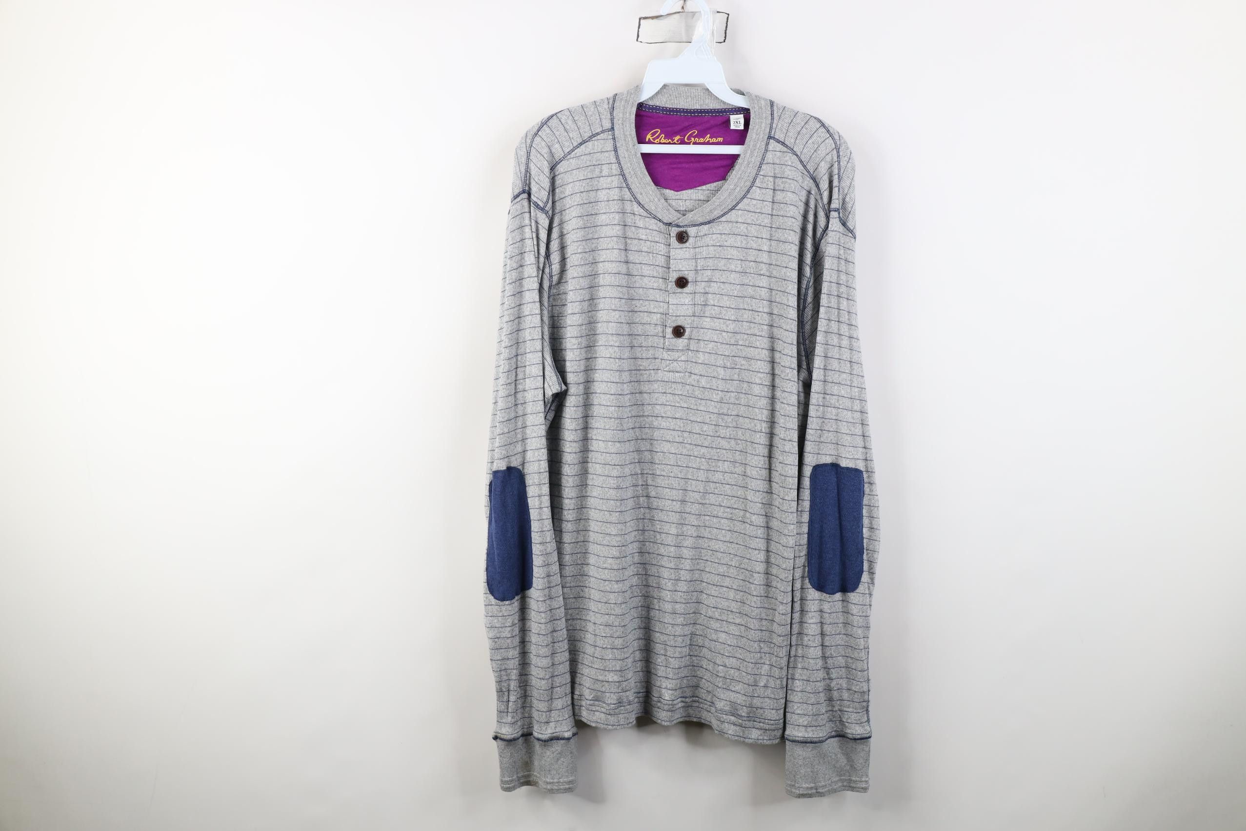 Robert Graham Robert Graham Elbow Patch Striped Ribbed Knit Henley T-Shirt Size US XXL / EU 58 / 5 - 1 Thumbnail