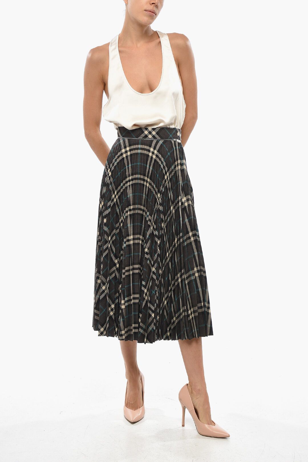 Burberry og1mm1225 Tartan Patterned Accordion Midi Skirt in Brown Size 27" / US 4 / IT 40 - 4 Thumbnail