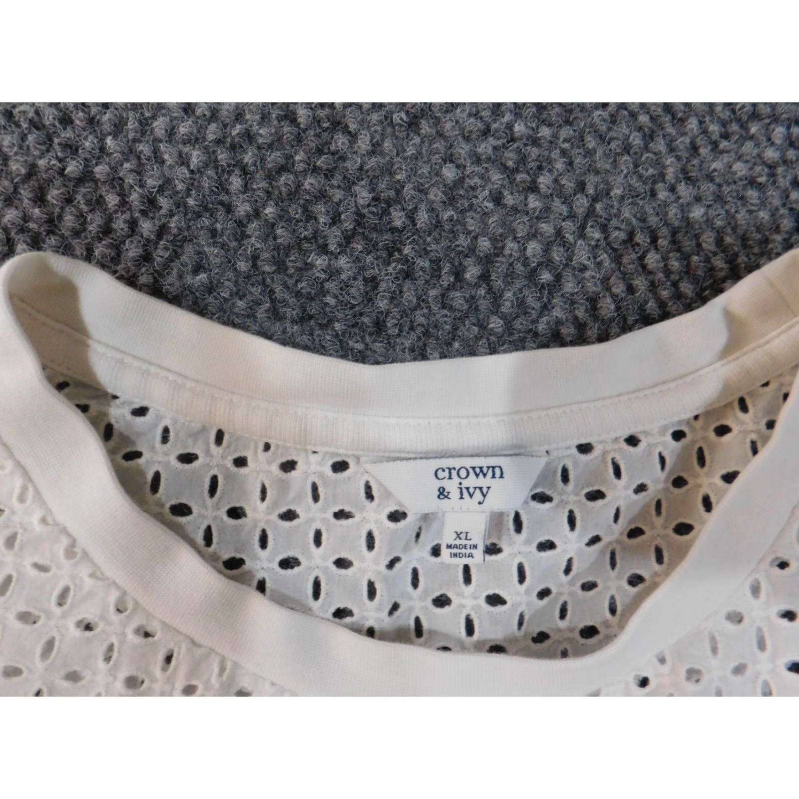 Vintage Crown & Ivy Sweater XL Womens White Eyelet Knit Crewneck Cotton Raglan Sleeve Pullover Size XL / US 12-14 / IT 48-50 - 5 Thumbnail