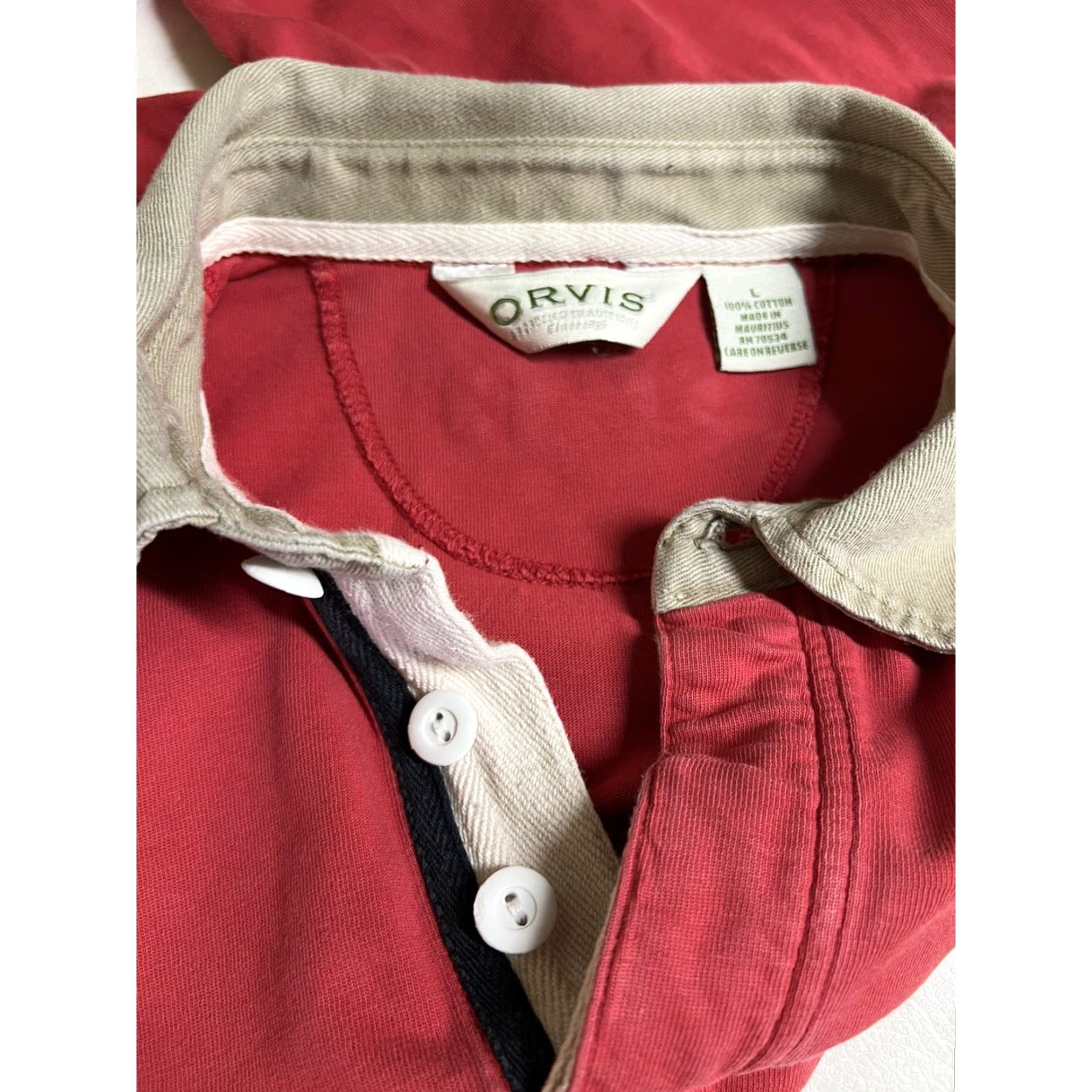 Orvis VINTAGE Orvis Long Sleeve Polo Shirt Rugby L Men’s Red 1990s Cotton Shirt Mens Size US L / EU 52-54 / 3 - 3 Thumbnail