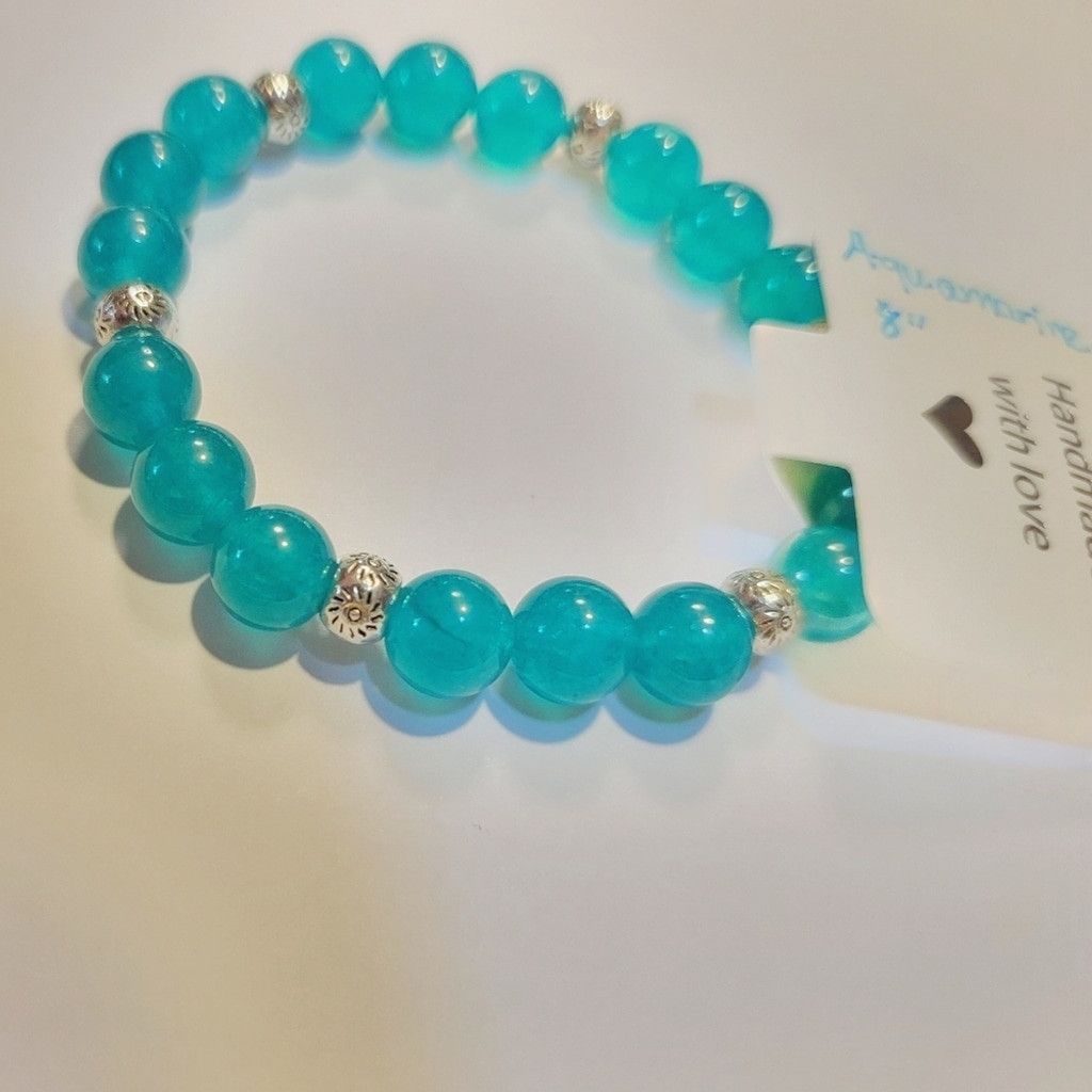 Handmade Natural Crystal Aquamarine Beaded Bracelet 8" Size ONE SIZE - 2 Thumbnail