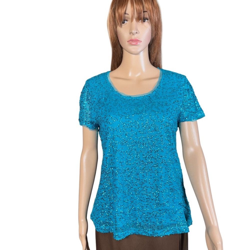 Chicos NWT New $79 Chico's Sasha Sequin Teal Tee Size 1 US M Size M / US 6-8 / IT 42-44 - 1 Thumbnail