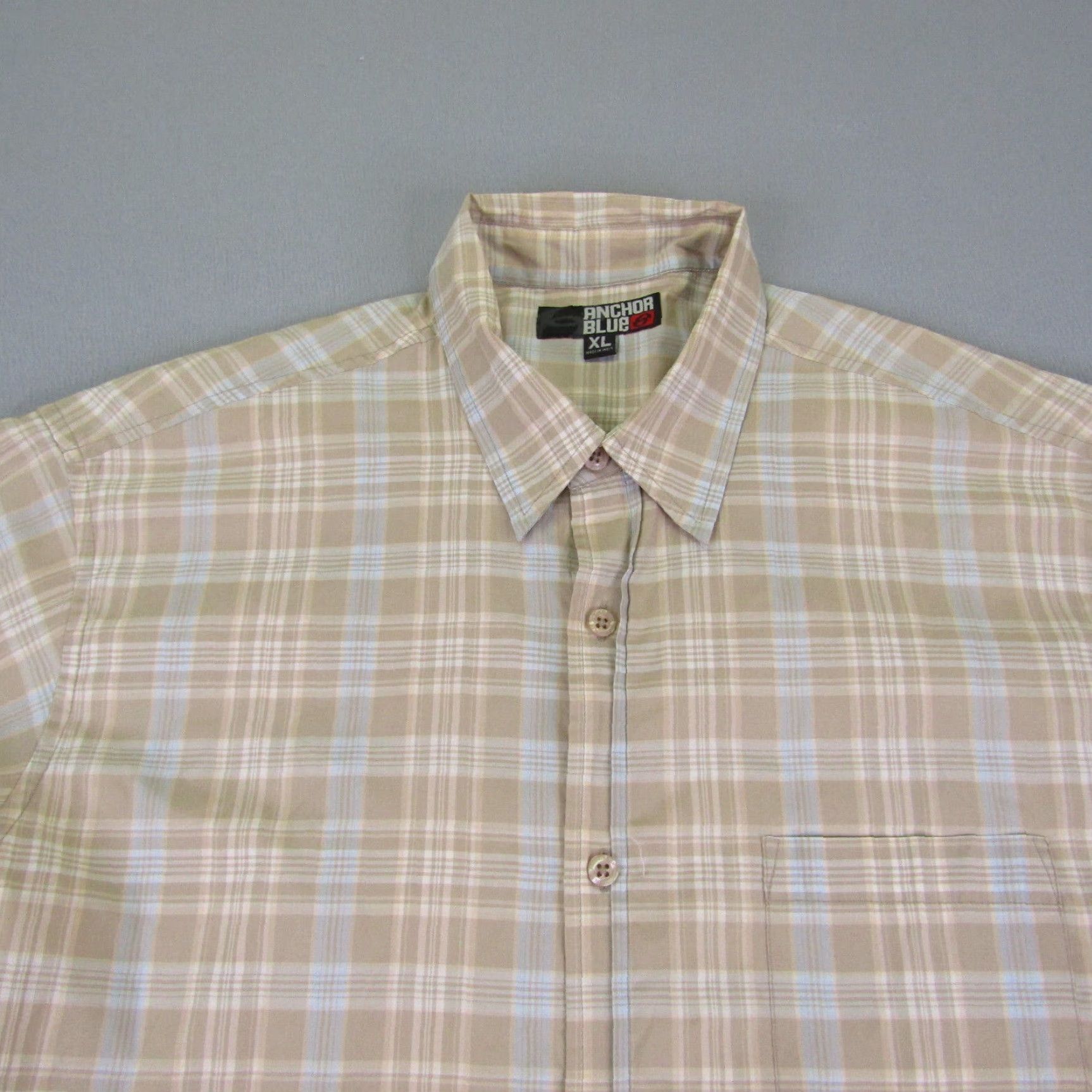Anchor Blue Anchor Blue Shirt Mens XL Beige Plaid Button-Up Casual Grunge Classic 90s Style Pocket Collared Cotton Polyester Workwear Short Sleeve Mens Size US XL / EU 56 / 4 - 2 Thumbnail