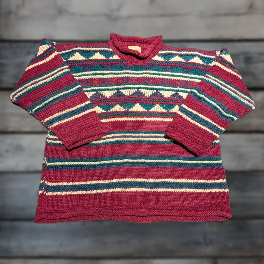 VINTAGE Woolies Chunky Knit Sweater L/XL Multicolor Striped Mock Neck 80s 90s Womens