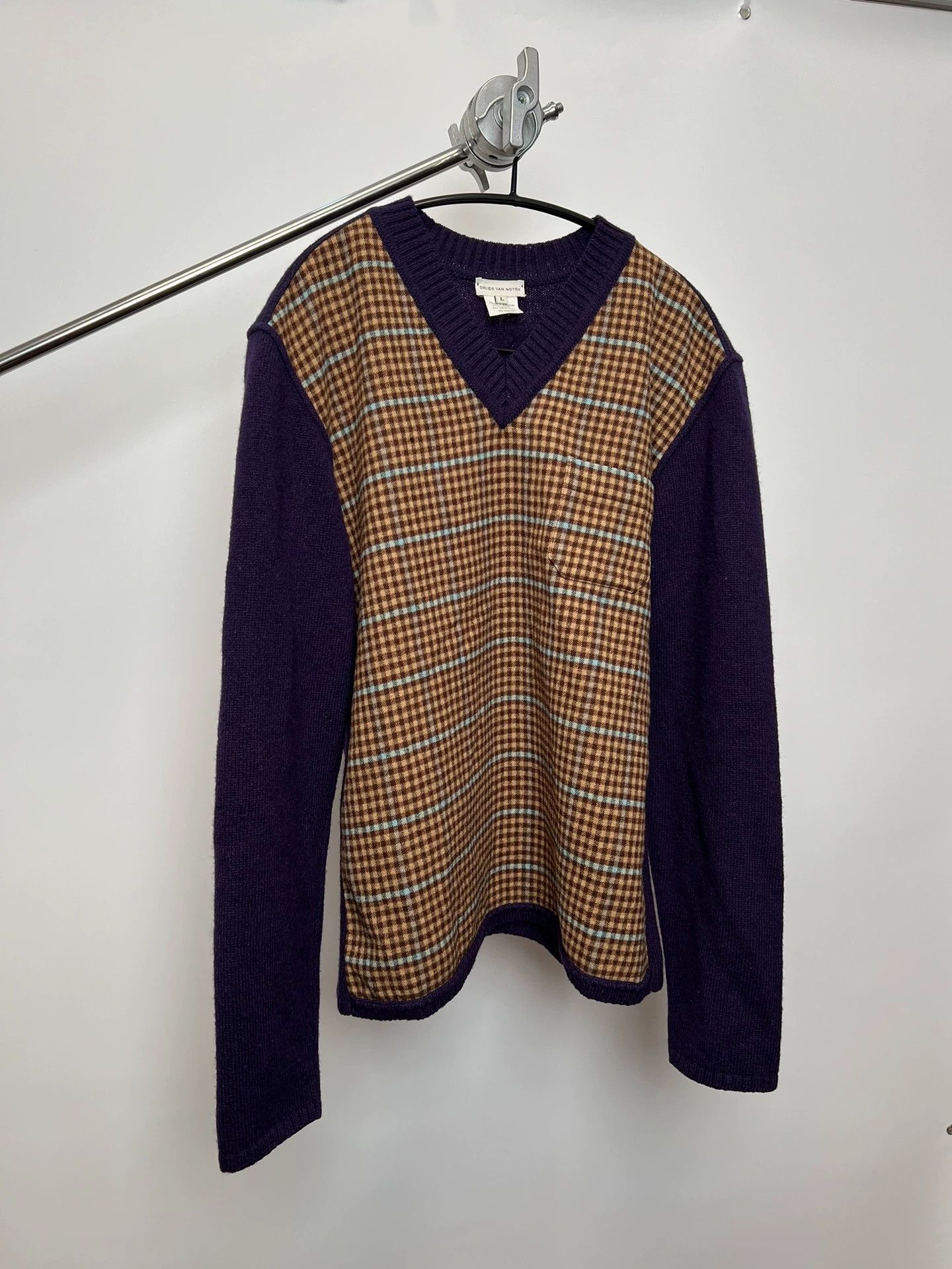Dries Van Noten Dries Van Noten Check Purple Paneled Wool Sweater Size L / US 10 / IT 46 - 2 Thumbnail
