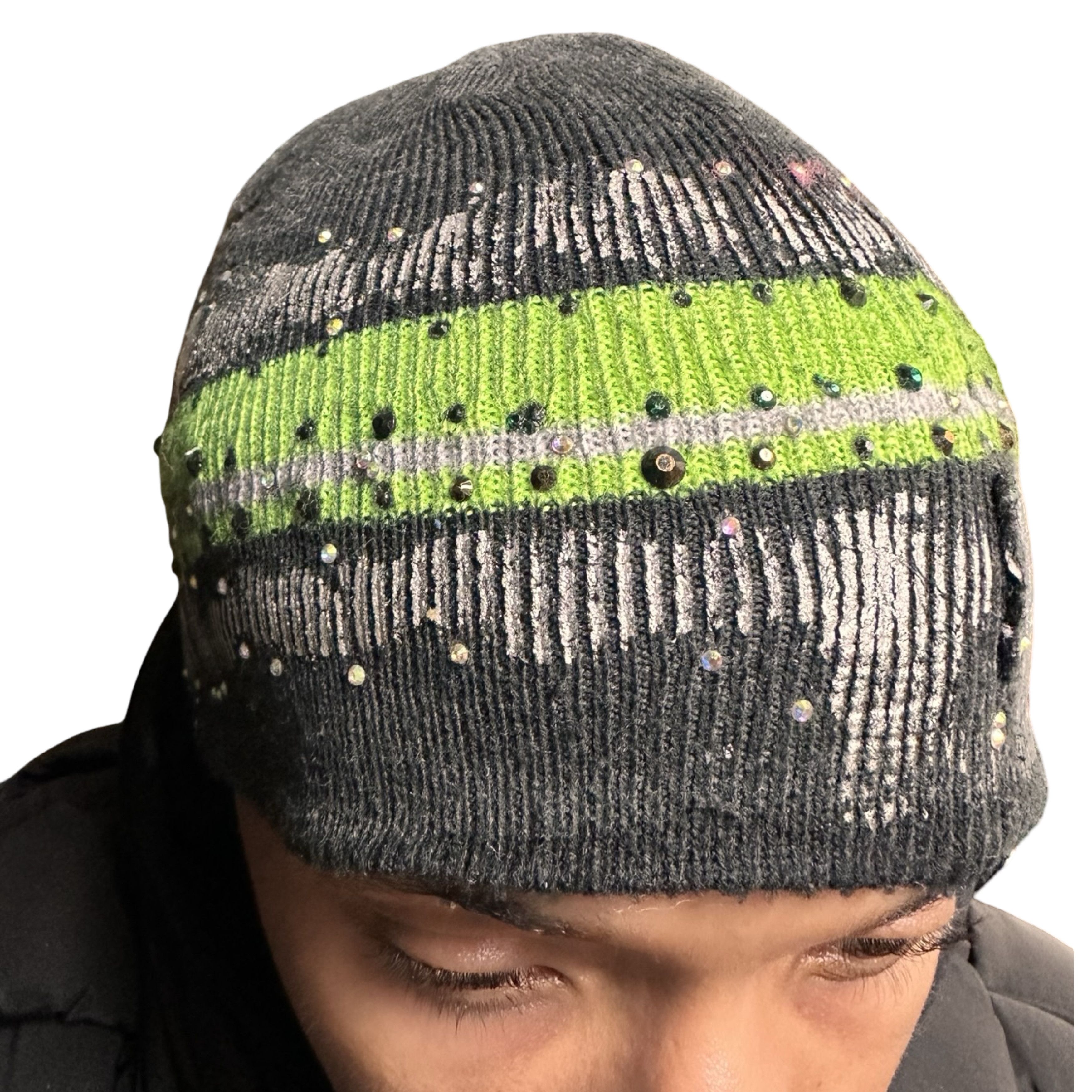 Vintage ASTROBOI* Gray Striped Rhinestone Beanie Size ONE SIZE - 6 Thumbnail