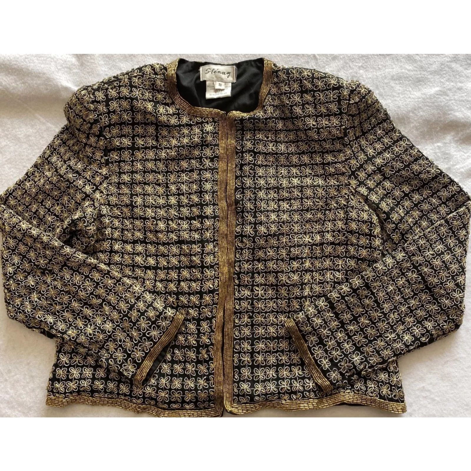 VINTAGE Stenay Silk Beaded Jacket Women Small Gold 1980s Eveningwear Formal
