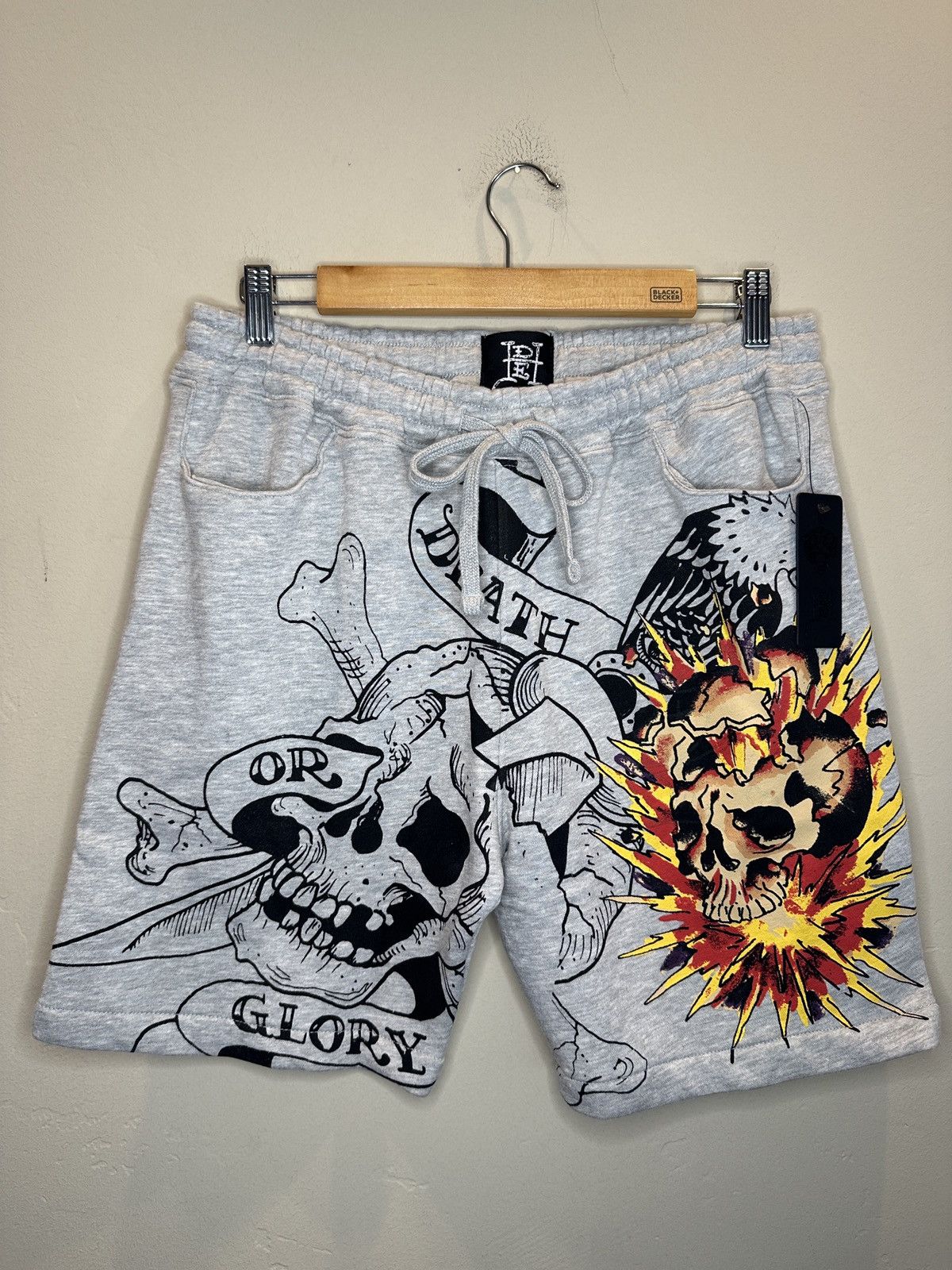 image of Art x Ed Hardy Death Or Glory Tattoo Print Sweat Shorts in Gray, Men's (Size 30)