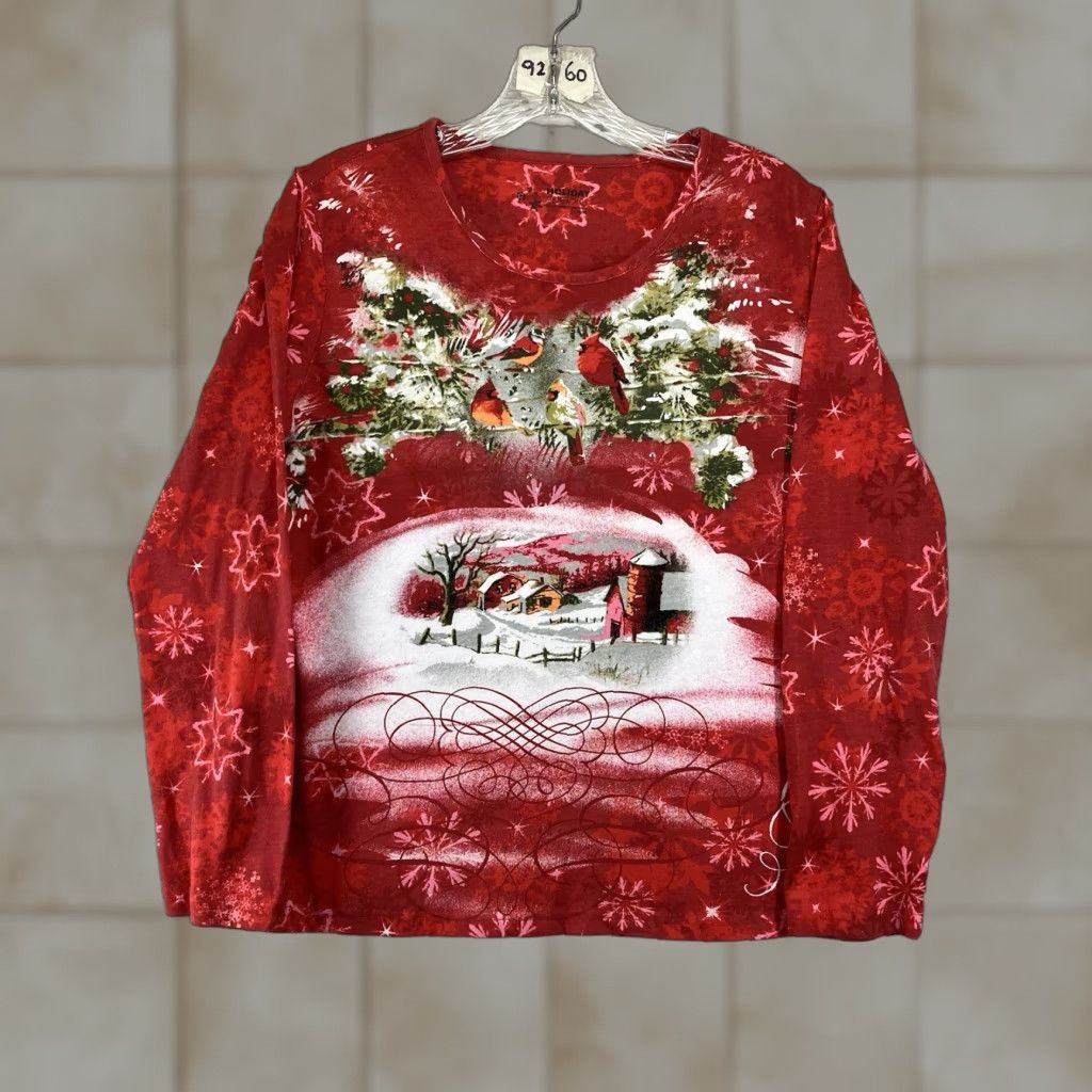 Basic Editions Women’s Blingy Christmas Shirt Graphic 50s 60s Retro Barn Cardinals Holly Medium Size M / US 6-8 / IT 42-44 - 1 Thumbnail