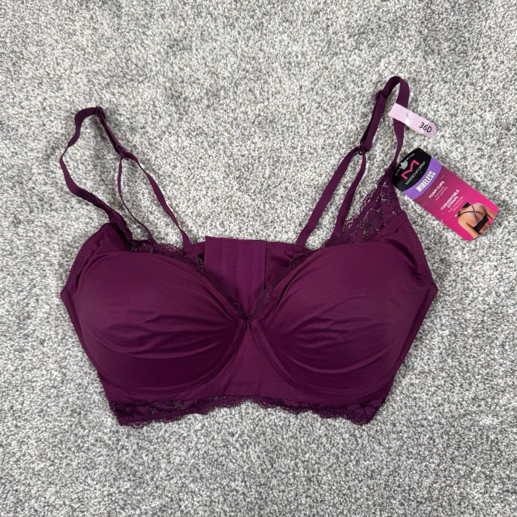 Vintage Maidenform Lace Bra 36D Convertible Wireless Padded Whimsigoth Coquette Romantic Bralette Women Womens D Cup Purple Nylon Spandex Size ONE SIZE - 2 Thumbnail