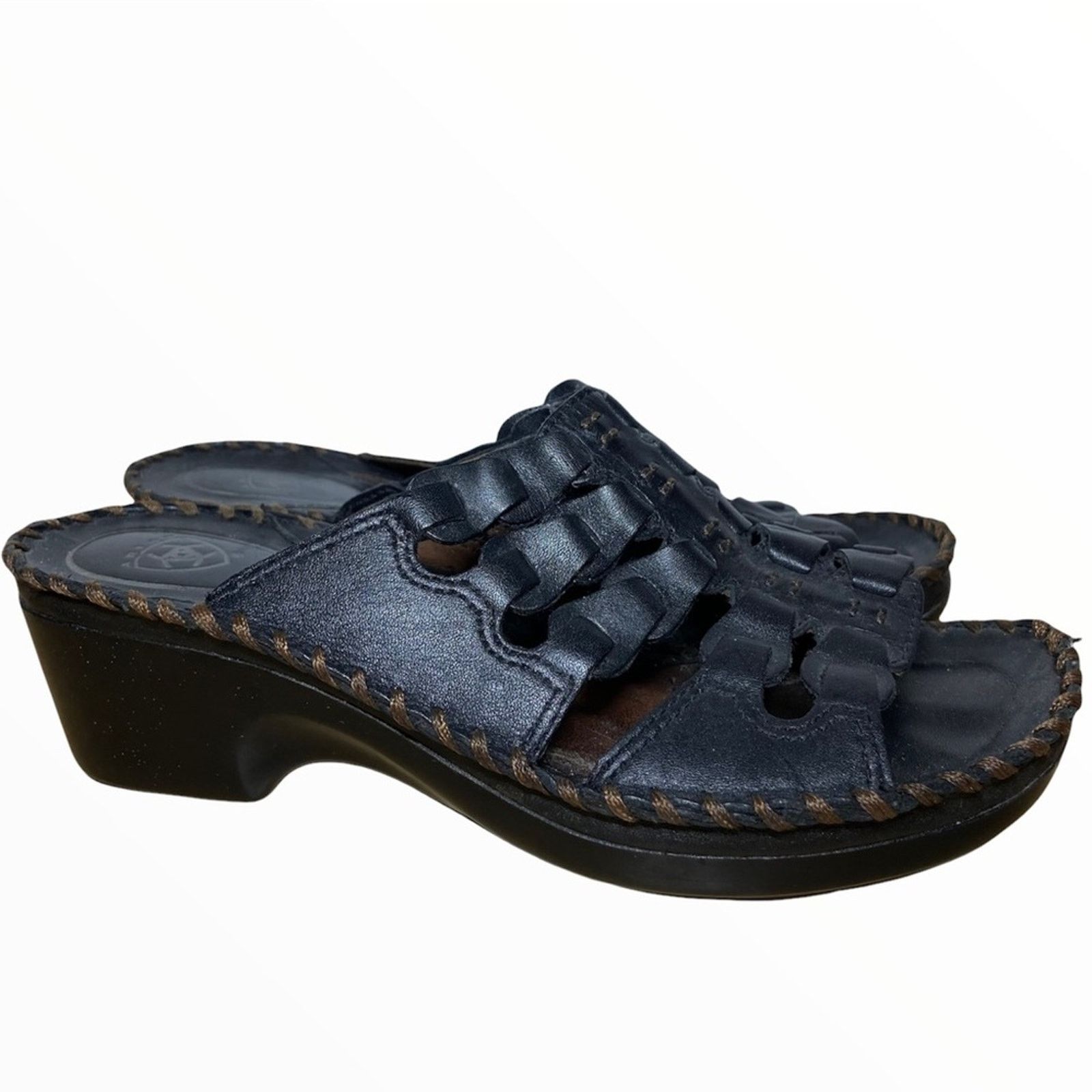 Ariat Daytona Leather Sandal Wedge Heel Shoes Whipstitch Black 6.5, Women's