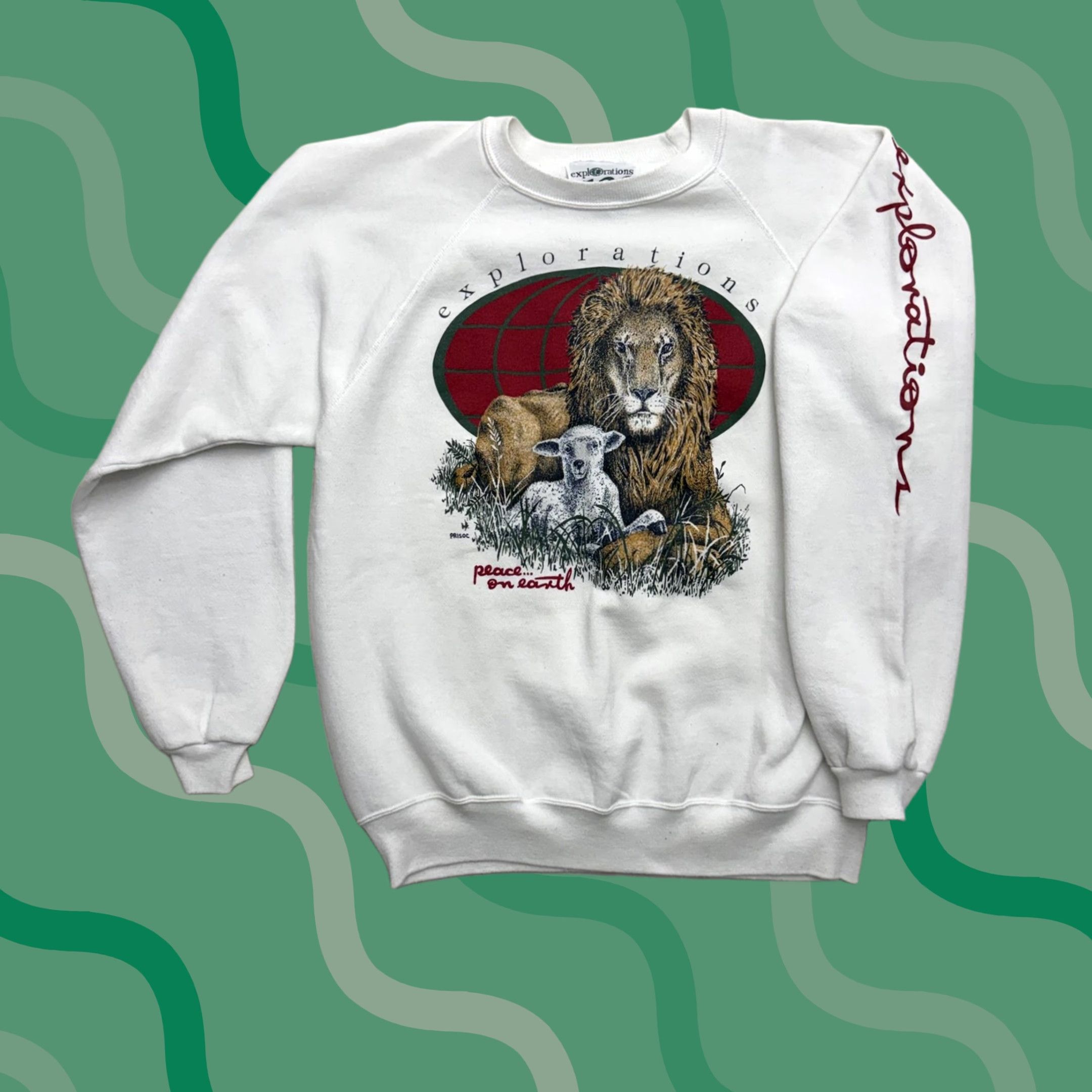 Vintage VINTAGE Explorations Peace On Earth Sweatshirt Mens XL White Graphic Print Christmas Animals Lion Lamb Size US XL / EU 56 / 4 - 1 Thumbnail