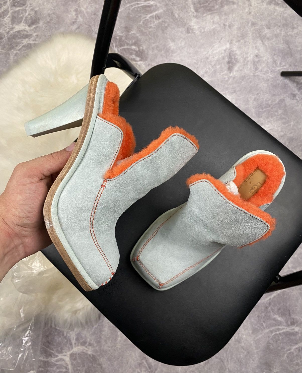 Eckhaus Latta Ugg x Eckhaus Latta Mint and Orange Fur Open Toe Heel Mules Size US 7 / IT 37 - 3 Thumbnail