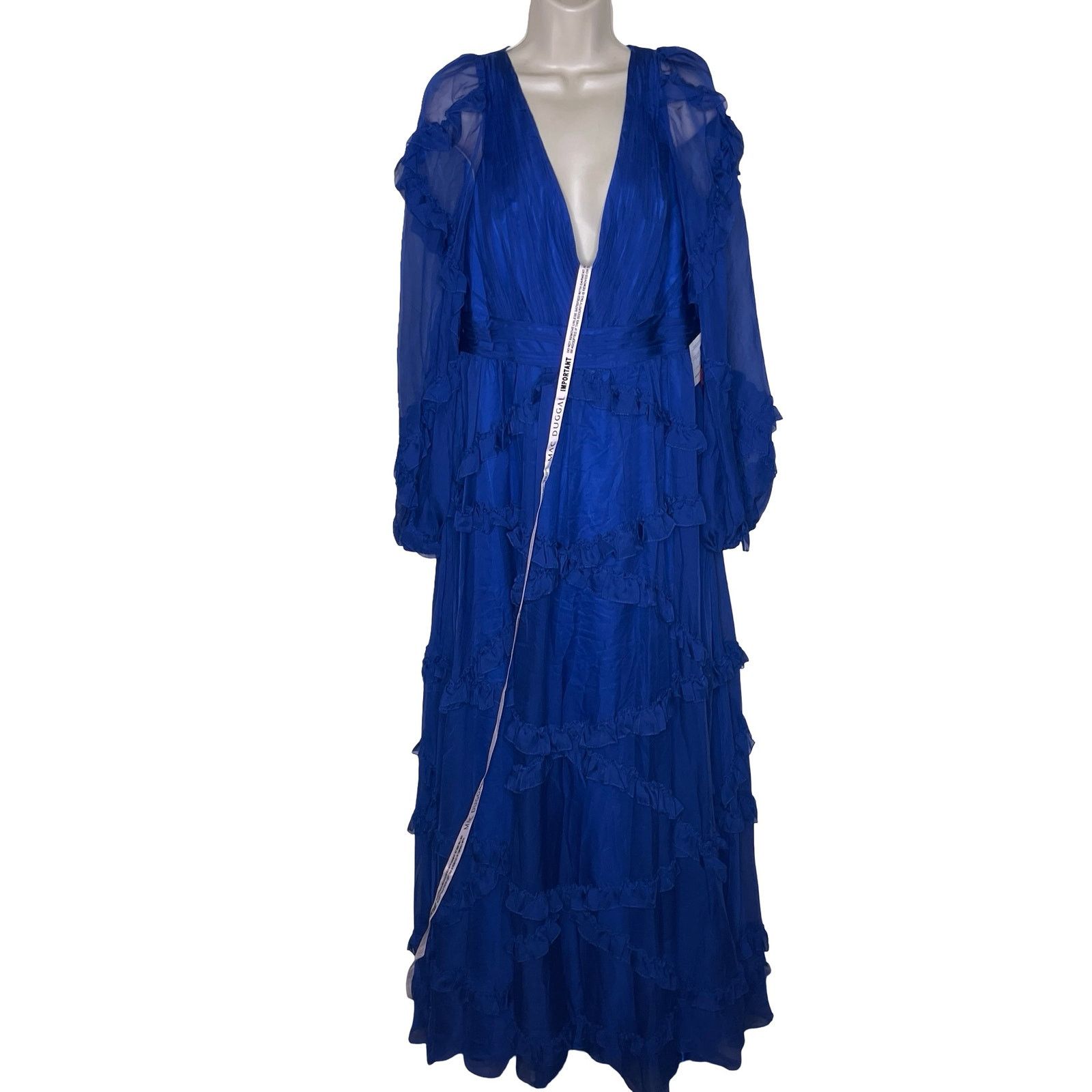 Other New Mac Duggal Blue Cascade Ruffle Puff Sleeve A Line Gown Size XL / US 12-14 / IT 48-50 - 3 Thumbnail