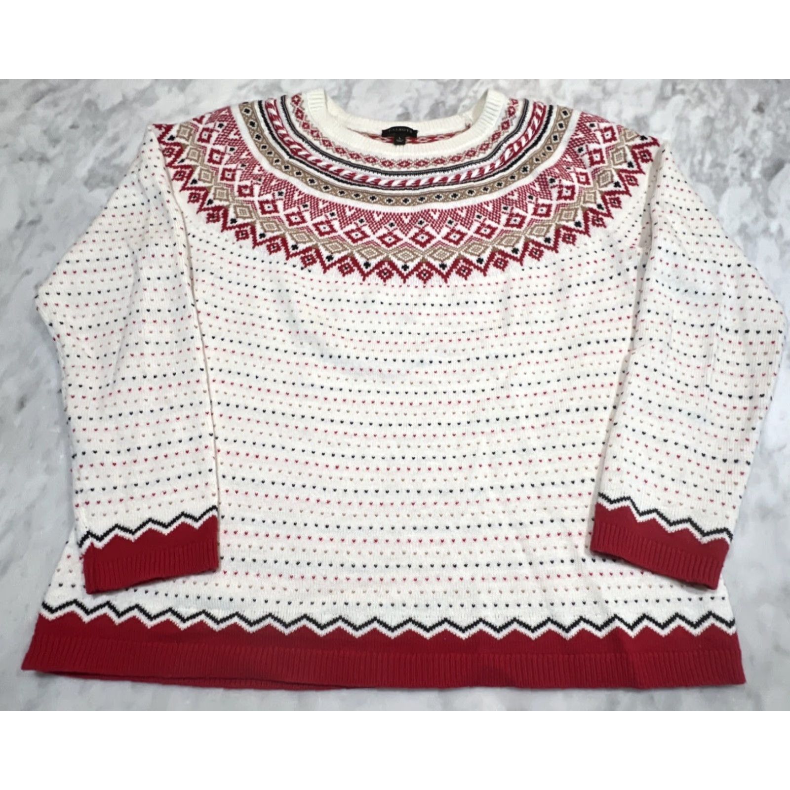 Talbots Talbots Fair Isle Crew Neck Lamb Wool Knit Sweater Large Red Cream & Black Shirt Womens L Multicolor Holiday Preppy Casual Knit Pullover Size L / US 10 / IT 46 - 2 Thumbnail
