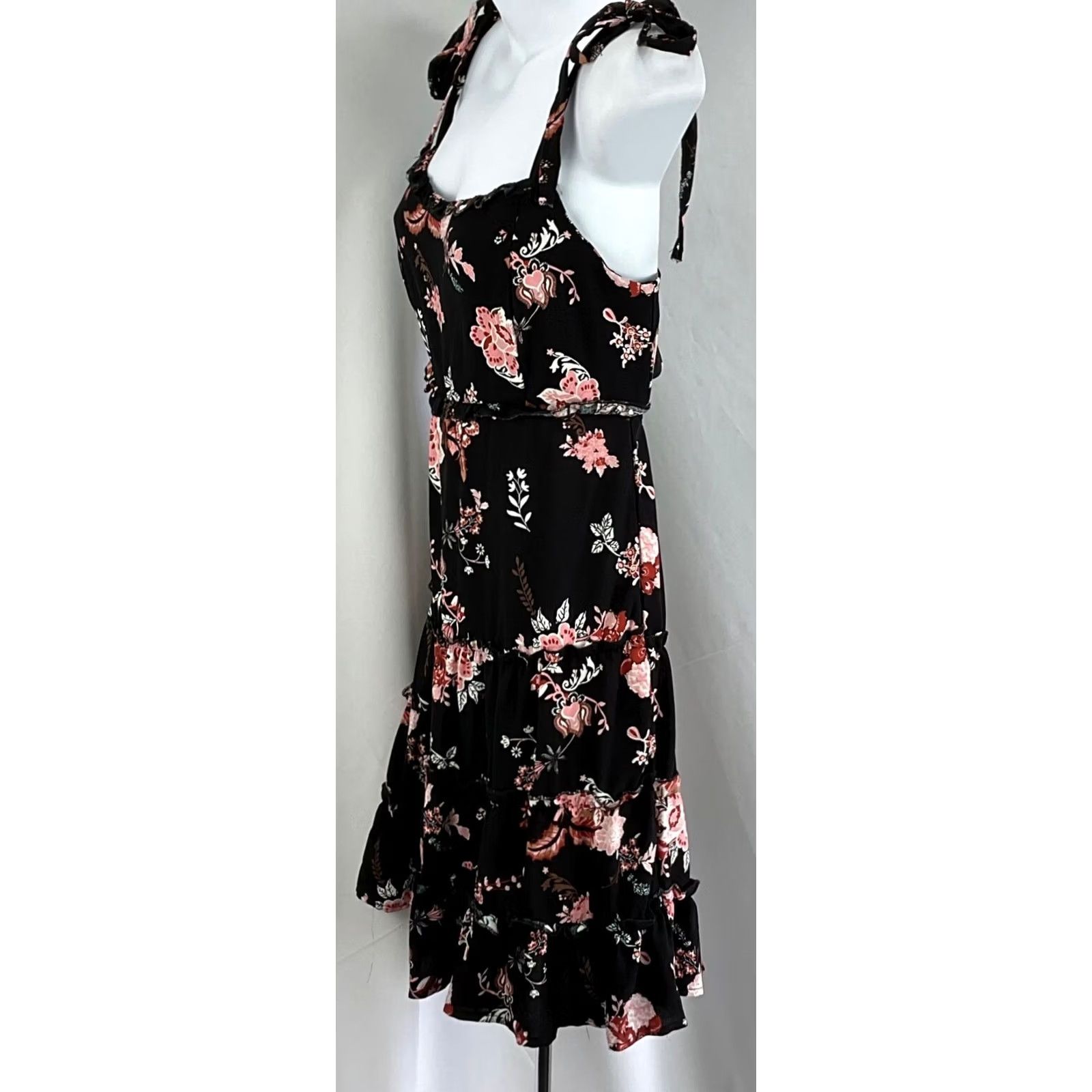 Vintage Birch & Stone Sun Dress S Blk Floral Ruffles Strappy Cut Out Tie Bow Back Dress - Womens, Sleeveless, Knee Length, Bohemian, Spring/Summer Size S / US 4 / IT 40 - 2 Thumbnail