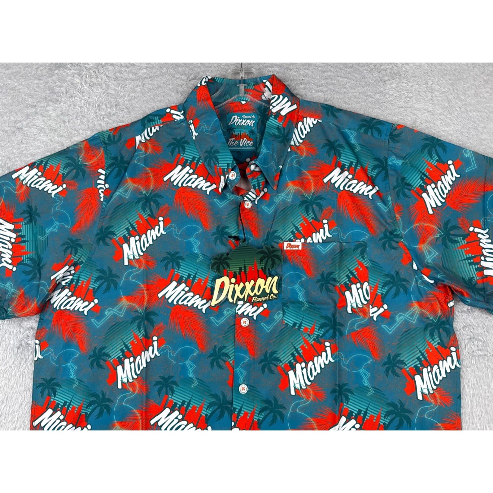 Vintage Dixxon Shirt Men 2XL XXL Red Blue Party Shirt The Vice Miami Flamingo Polyester Button-Up Floral Short Sleeve Hawaiian 90s Casual Mens Size US XXL / EU 58 / 5 - 4 Thumbnail