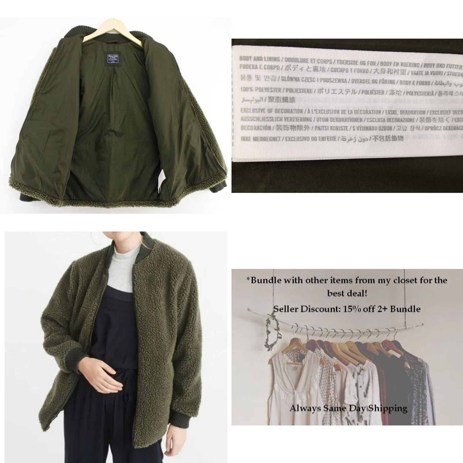 Abercrombie & Fitch Abercrombie & Fitch Bomber Jacket Green XS Women Long Sleeve Zip Sherpa Army Fall Winter Casual Size XS / US 0-2 / IT 36-38 - 8 Thumbnail