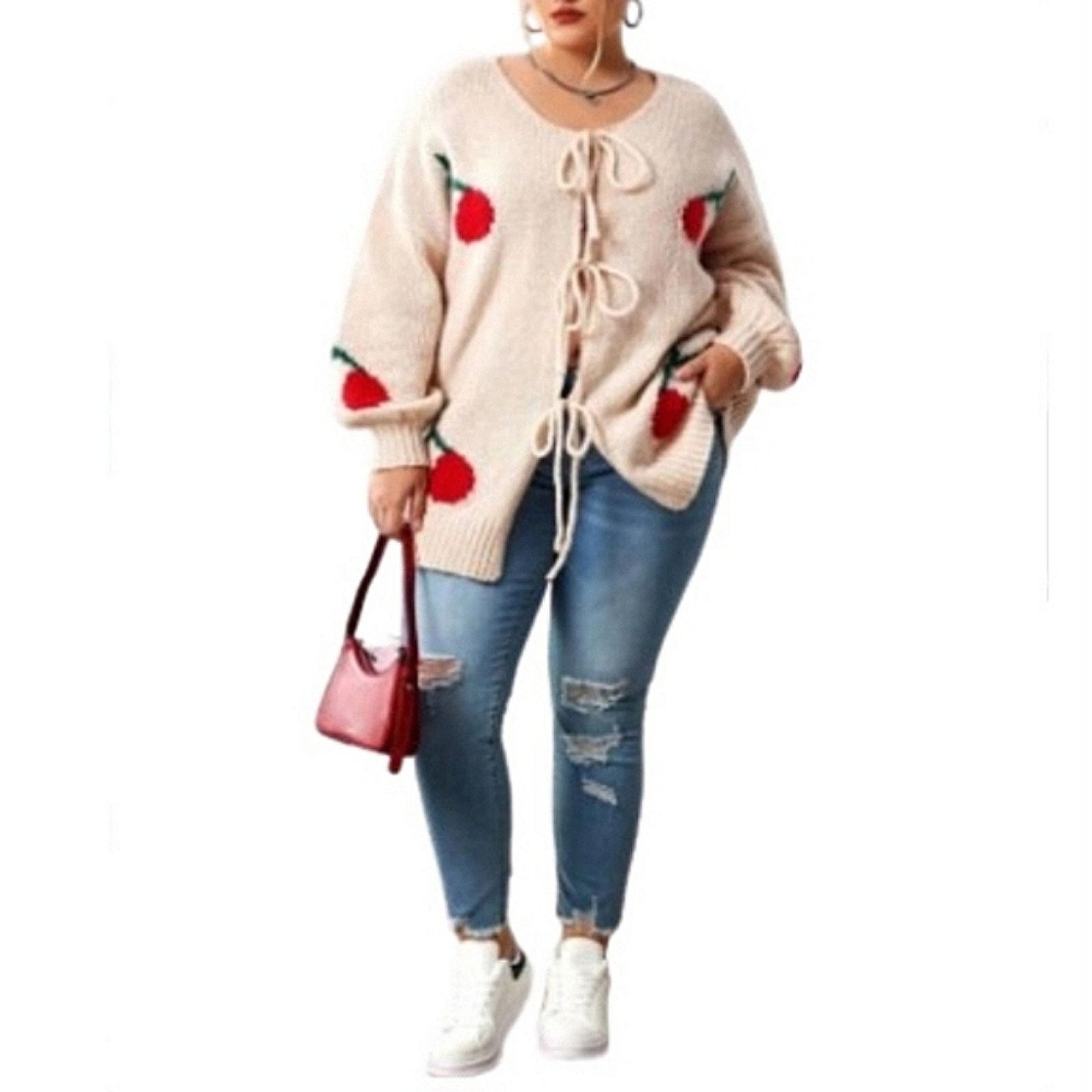 Shein JUICY CHERRIES ☆ TIE FRONT ☆ PEACHY CREAM CARDIGAN 22w ☆ NWT Size 3XL / US 20-22 - 4 Thumbnail