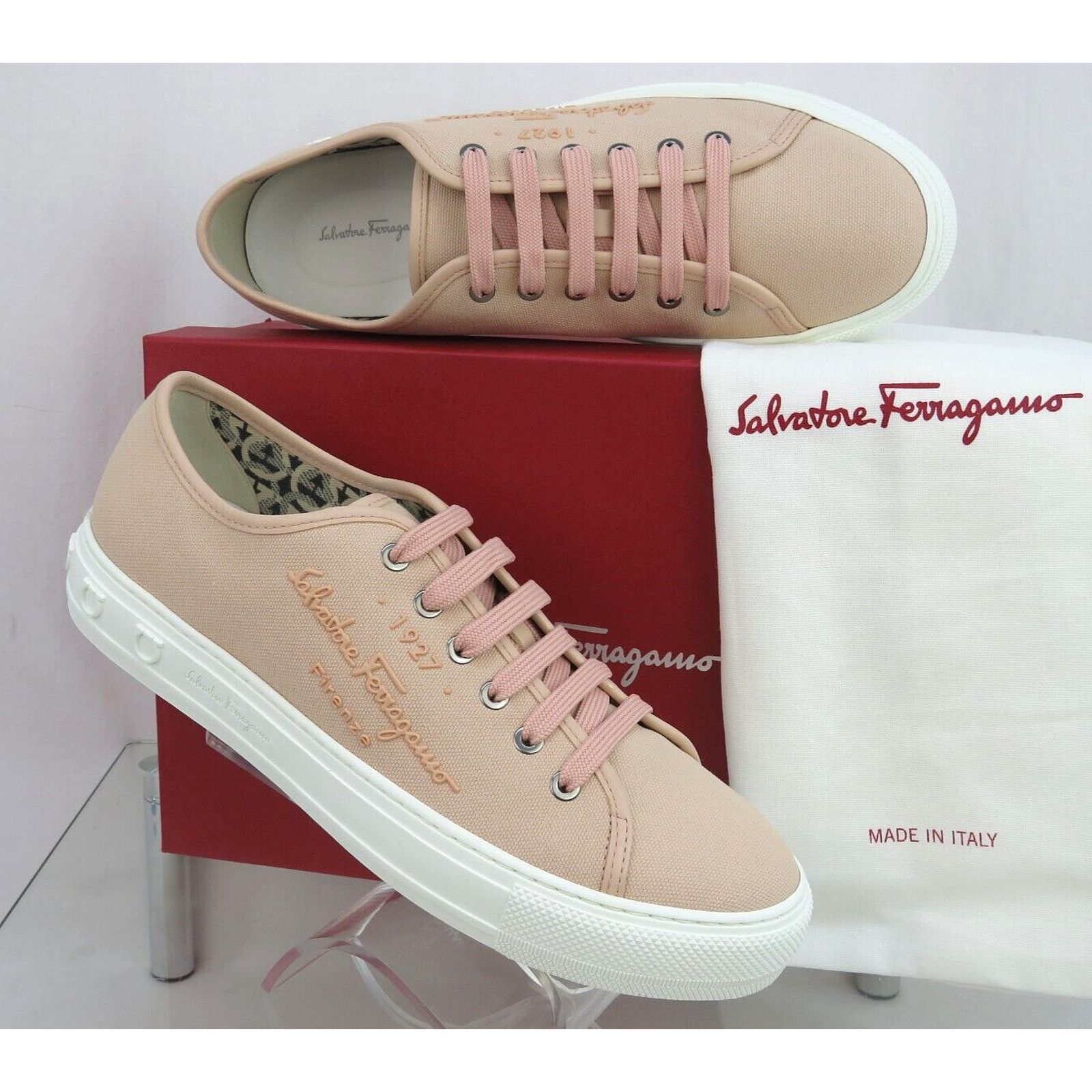 Salvatore Ferragamo MEDITERR PINK LEMONADE CANVAS LEATHER TRIM LOGO SNEAKERS 9 C Size US 9 / IT 39 - 2 Thumbnail