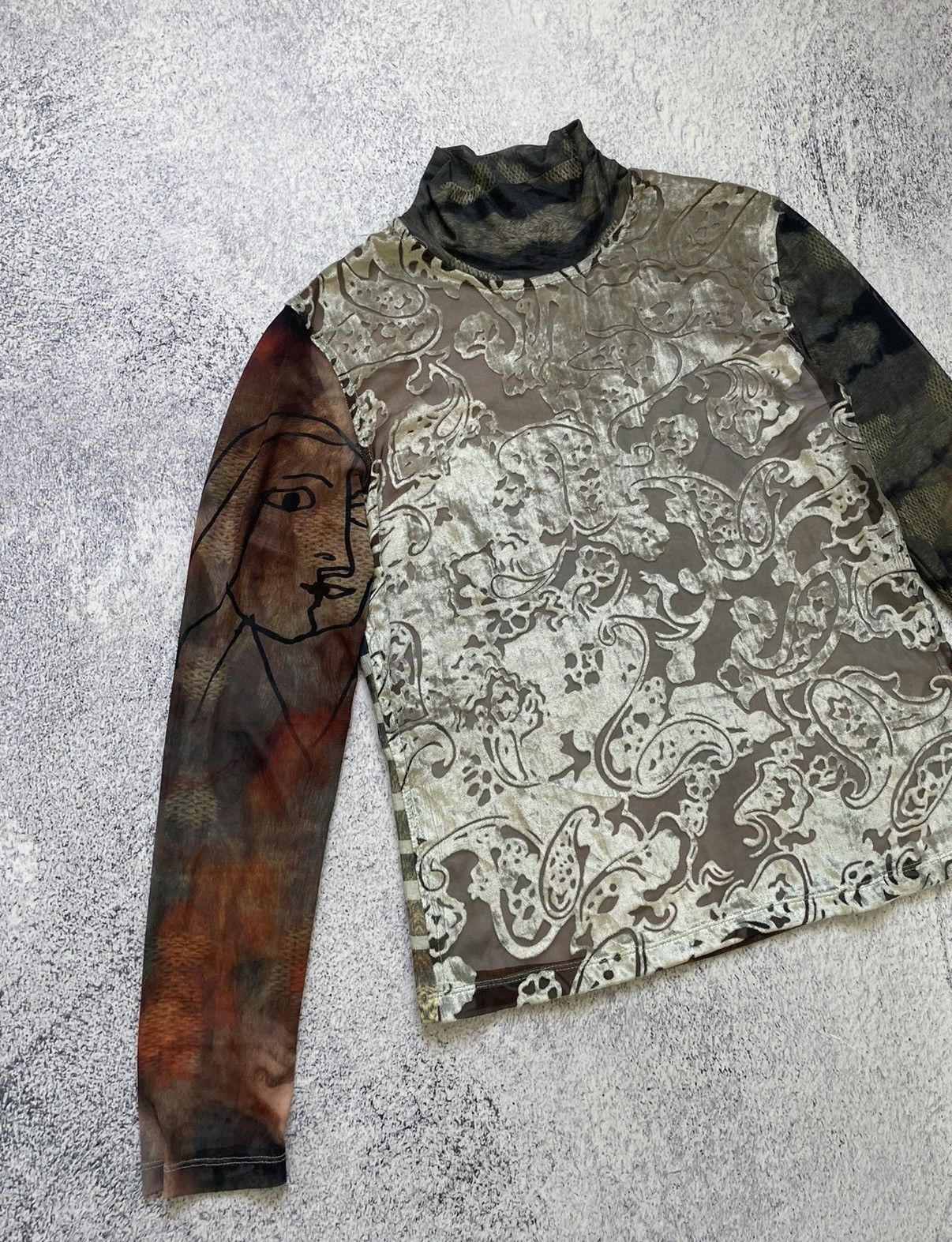 Desigual Desigual Mesh Top Long Sleeve Mock Neck Floral Script Size L / US 10 / IT 46 - 8 Thumbnail