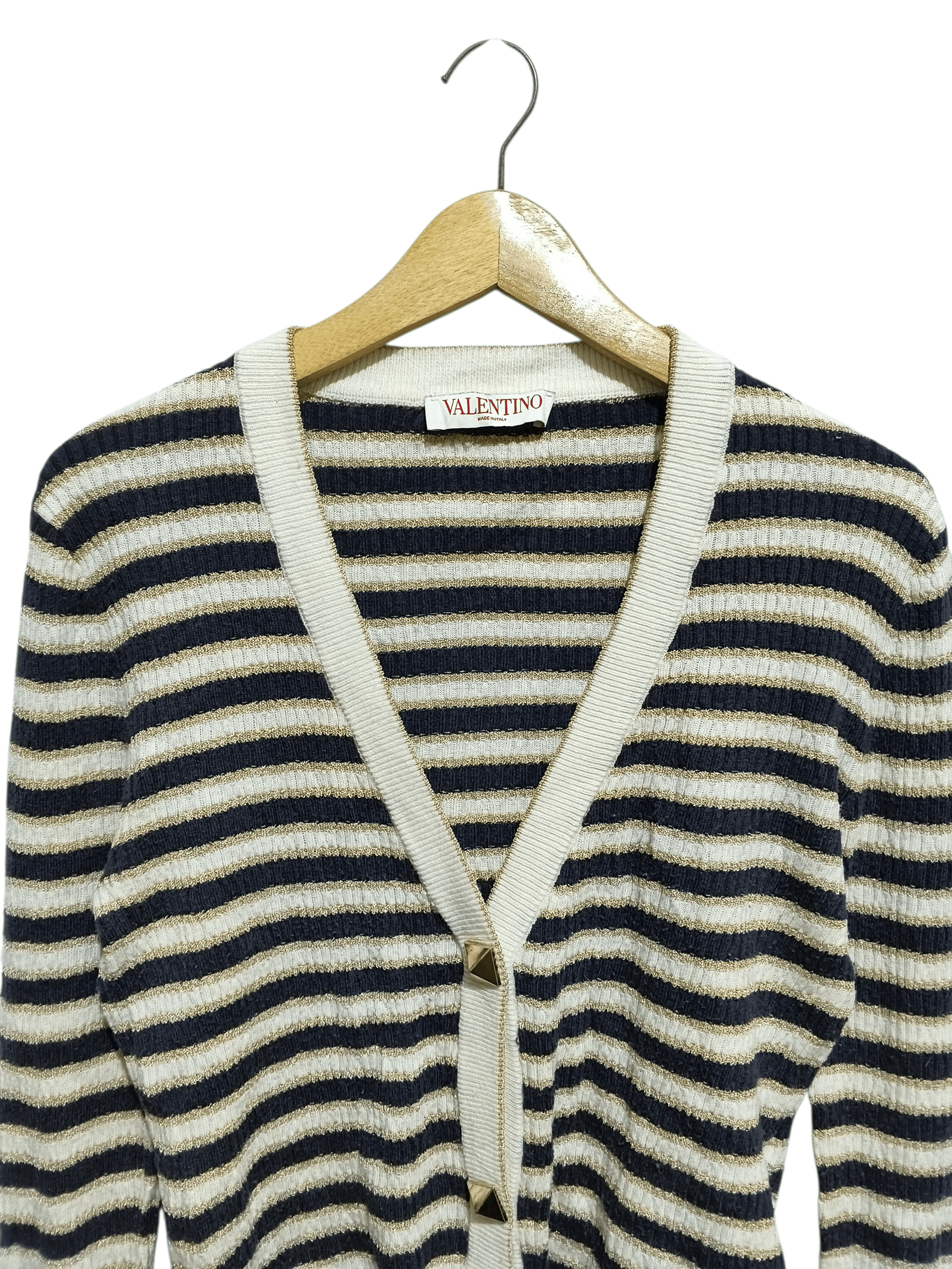 Valentino 🔥Valentino Navy,Cream & Gold Lurex Striped Cropped Cardigan Size M / US 6-8 / IT 42-44 - 7 Thumbnail