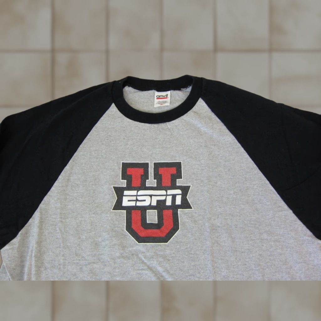 Anvil VINTAGE ESPN Shirt Mens XL Gray Anvil 90s T-Shirt Crew Neck 3/4 Sleeve Athletic Cotton Jersey Baseball Sports Casual Size US XL / EU 56 / 4 - 1 Thumbnail